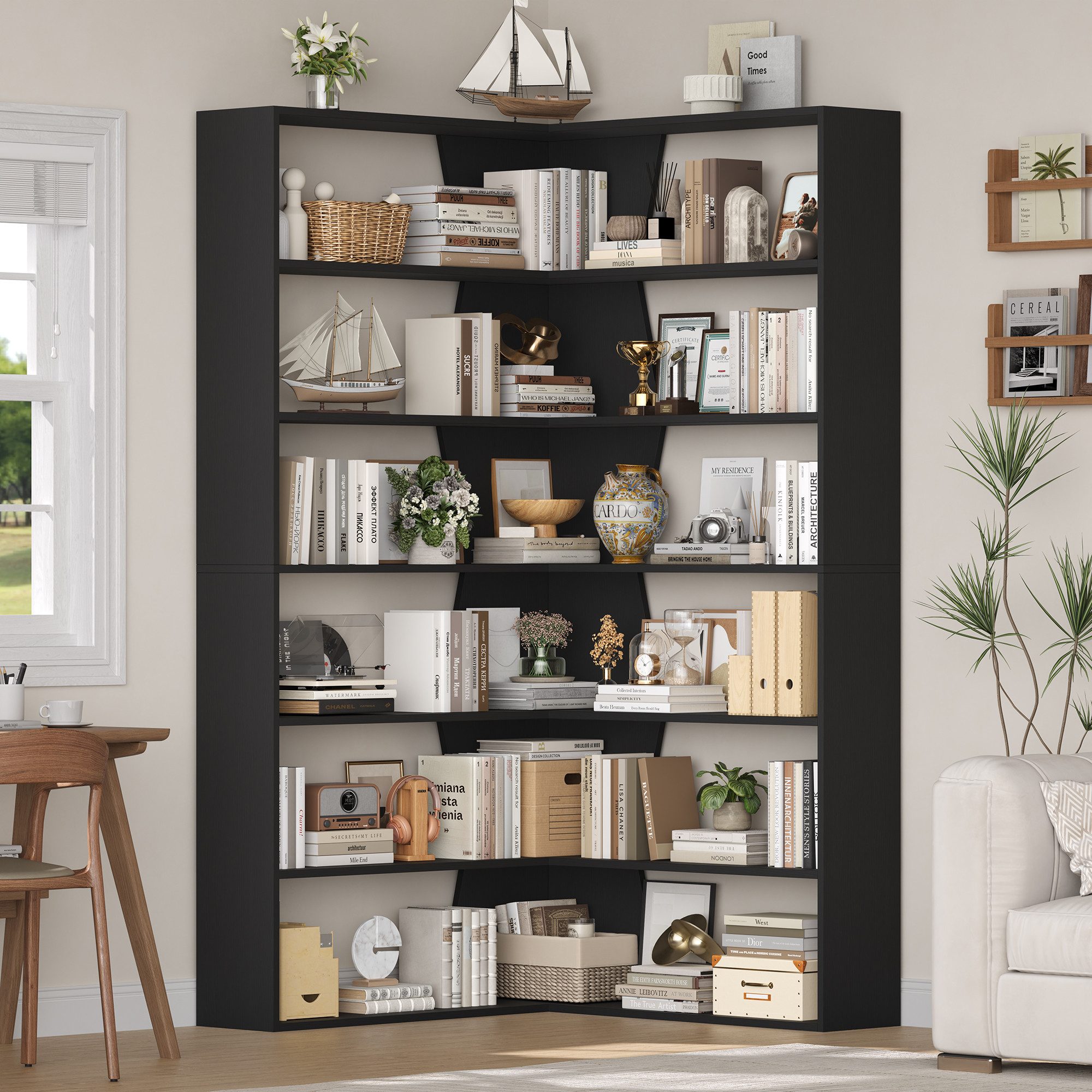 Homfa Bücherregal Eckregal Standregal Eck-Bücherregal, mit 6 Ebenen aus Holz, 90x90x190,5cm – Bild 4 von 5