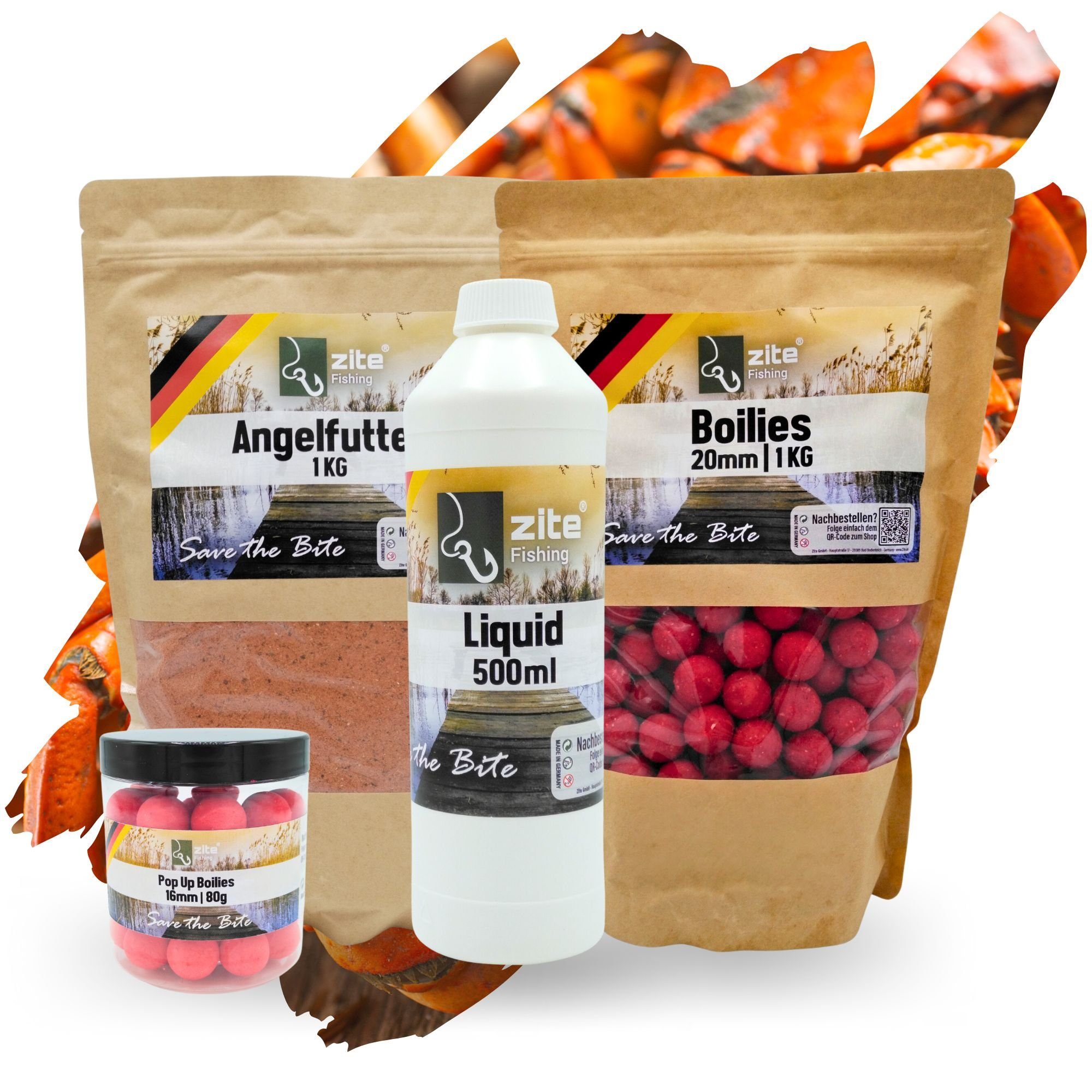 Fischlockstoff Angelfutter Set 16+20mm Boilies, 500ml Liquid und 1kg Grundfutter