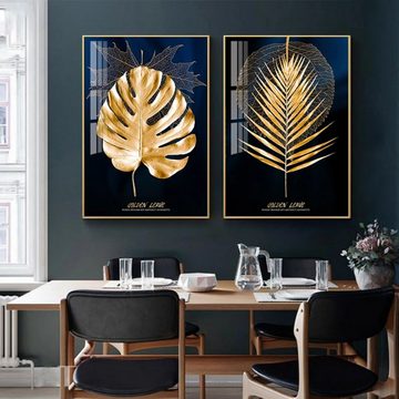 TPFLiving Kunstdruck (OHNE RAHMEN) Poster - Leinwand - Wandbild, Goldene Blätter auf blauem Hintergrund - Wanddeko Wohnzimmer - (13 verschiedene Größen zur Auswahl - Auch im günstigen 3-er Set), Farben: Gold, Blau - Größe: 50x70cm