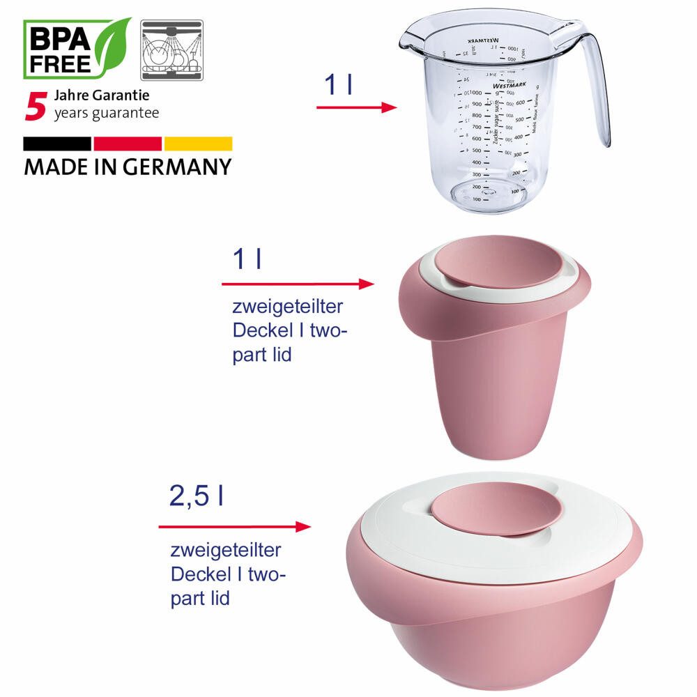 WESTMARK Rührschüssel Backset 3tlg., Rührschüssel 2,5 l + Quirltopf + Messkanne, rosa, Kunststoff (PP,PE,SAN), (Set), Set, spülmaschinengeeignet, Made in Germany, Rosa