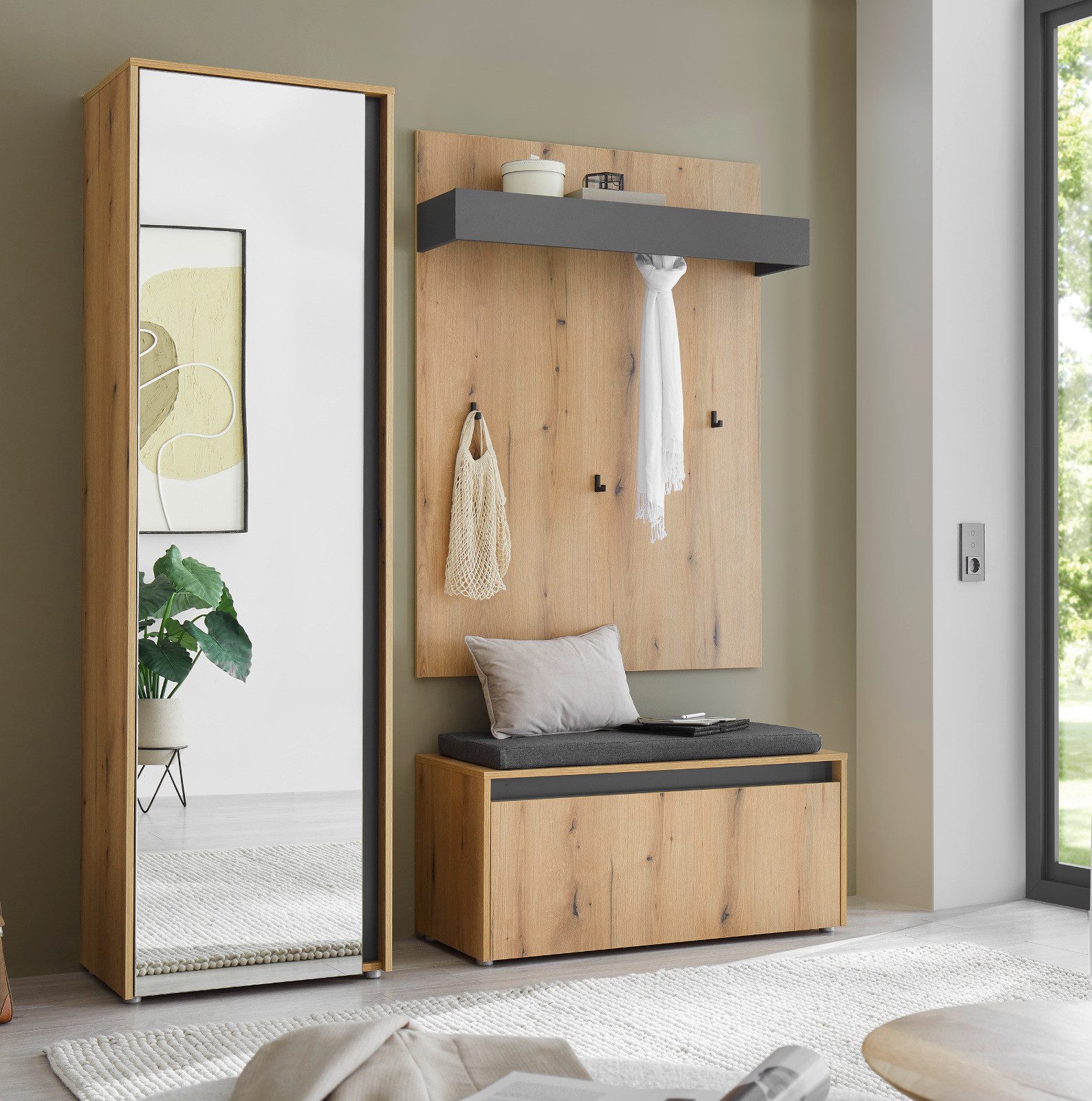 Furn.Design Garderoben-Set Center, (Flurgarderobe in Eiche mit Grau, 3-teilig, 170 x 200 cm), große Spiegeltür, inkl. Sitzkissen