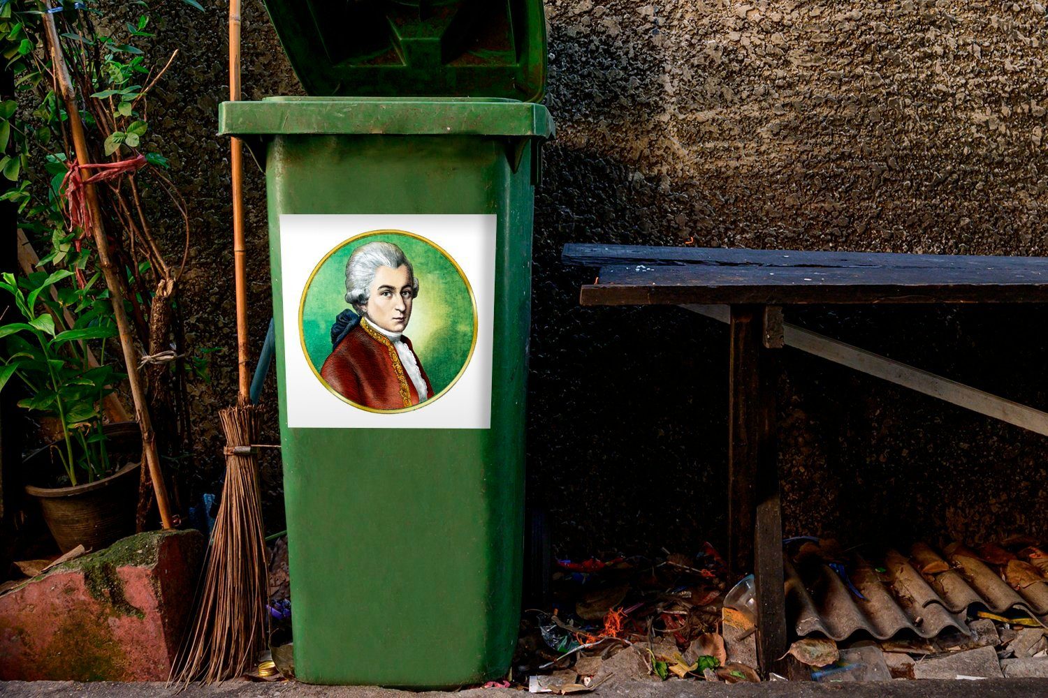 Wandsticker Mülltonne, Abfalbehälter Farbenfrohes (1 Sticker, MuchoWow Mozart Wolfgang Mülleimer-aufkleber, Amadeus St), Container, von Porträt