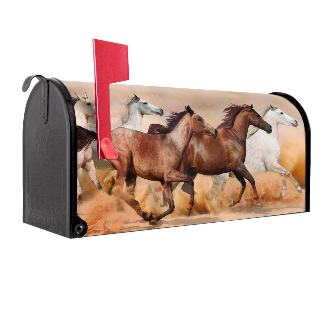 banjado Amerikanischer Briefkasten Mailbox Wilde Pferde (Amerikanischer Briefkasten, original aus Mississippi USA), 22 x 17 x 51 cm schwarz
