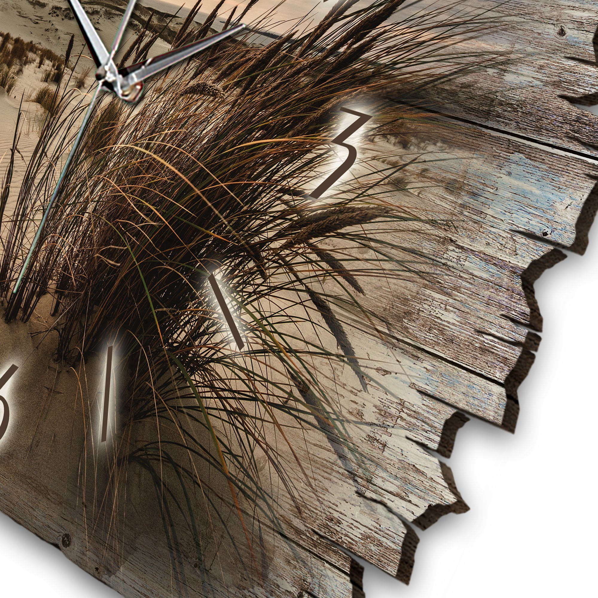 Kreative Feder Wanduhr Design-Wanduhr „Sandstrand“ aus Holz im Shabby Style Design (ohne Ticken; flüsterleises Uhrwerk; außergewöhnlich, modern)