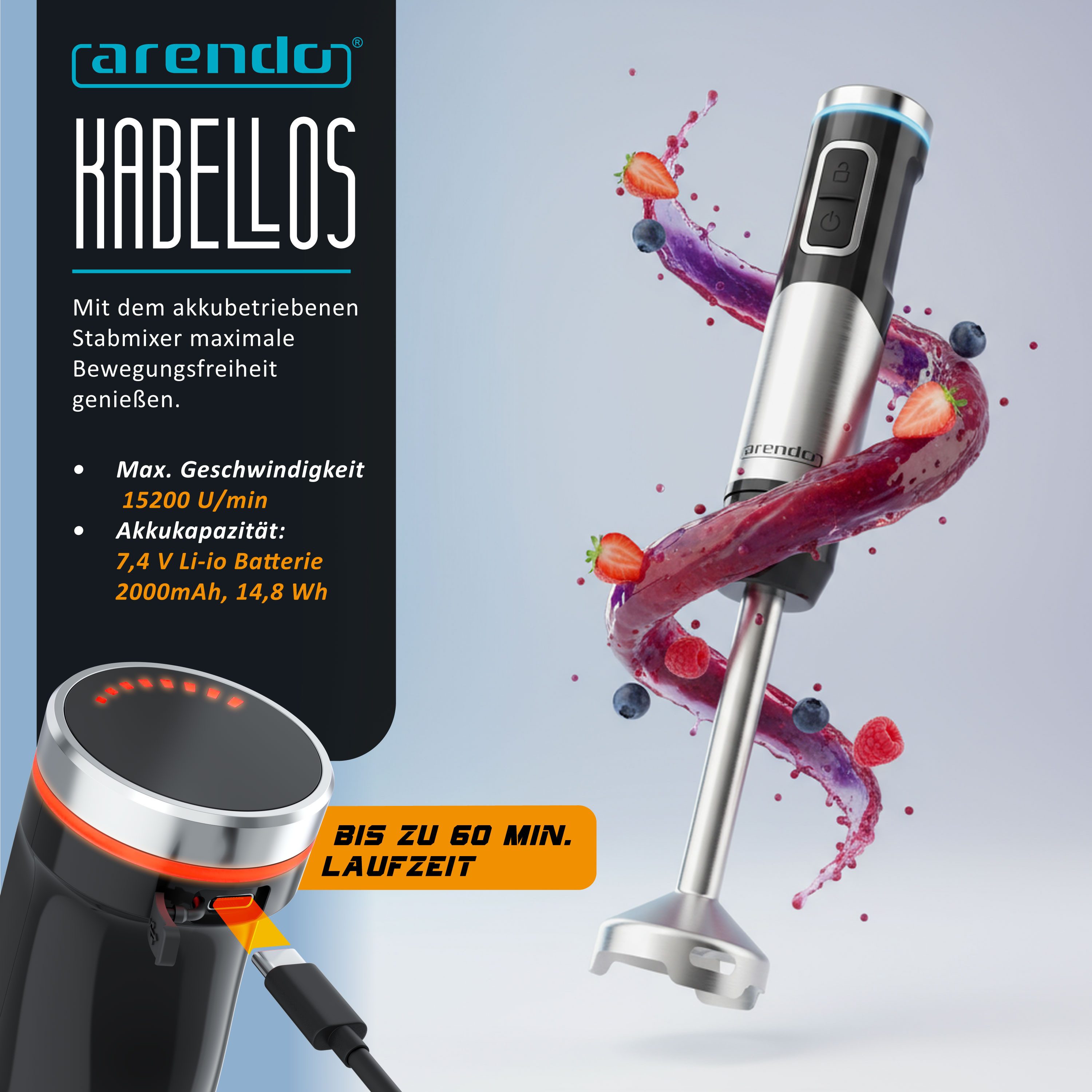 Arendo Akku-Stabmixer Edelstahl Pürierstab, Handmixer, stufenlose Regelung, Li-Ionen-Akku, 200 W, mit Schneebesen, Messbecher, 4-Klingen-Messer, Mixfuß, Tastensperre