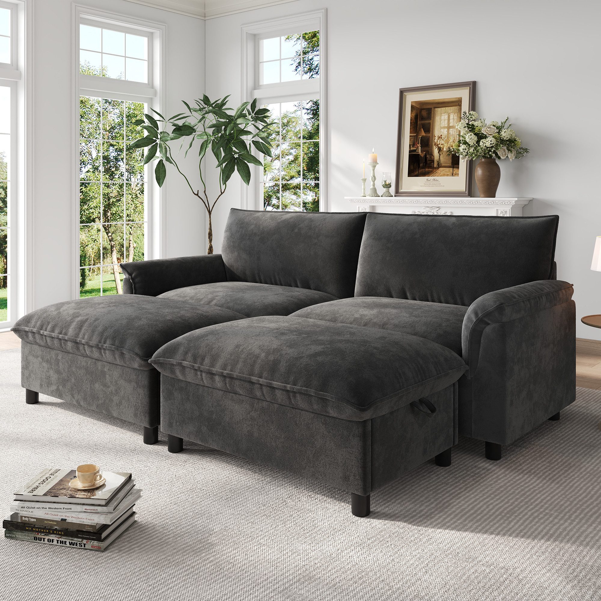 Refined Living Ecksofa Modulares Cloud Sofa, Ecksofa mit Deep Seat, Chenille, Stauraum-Hocker, 4-Sitzer + 2 Fußhocker, Schwarz, 216x77x82cm, Modulsofa Wohnzimmer, Chenille Bezug, Deep Seat 57cm, stabile Konstruktion, ideal für große Wohnzimmer, Familien und moderne Wohnräume, 1 Teile, modulare Kombination, zwei Stauraum-Hocker, Sofa-zu-Bett Funktion