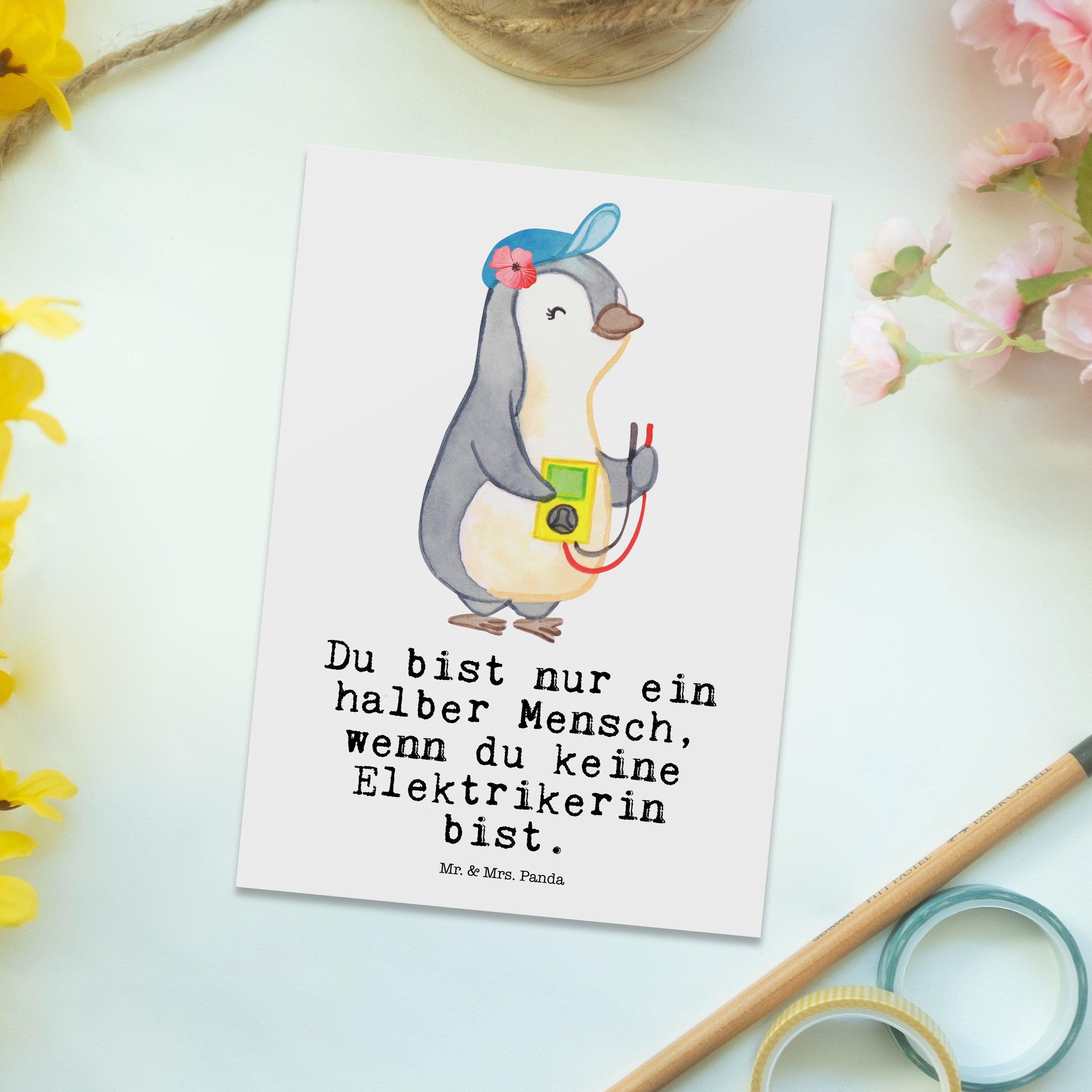 Mr. & Mrs. Panda - Elektromeisterin, Elektrikerin Postkarte Elektrotec - Geschenk, mit Herz Weiß