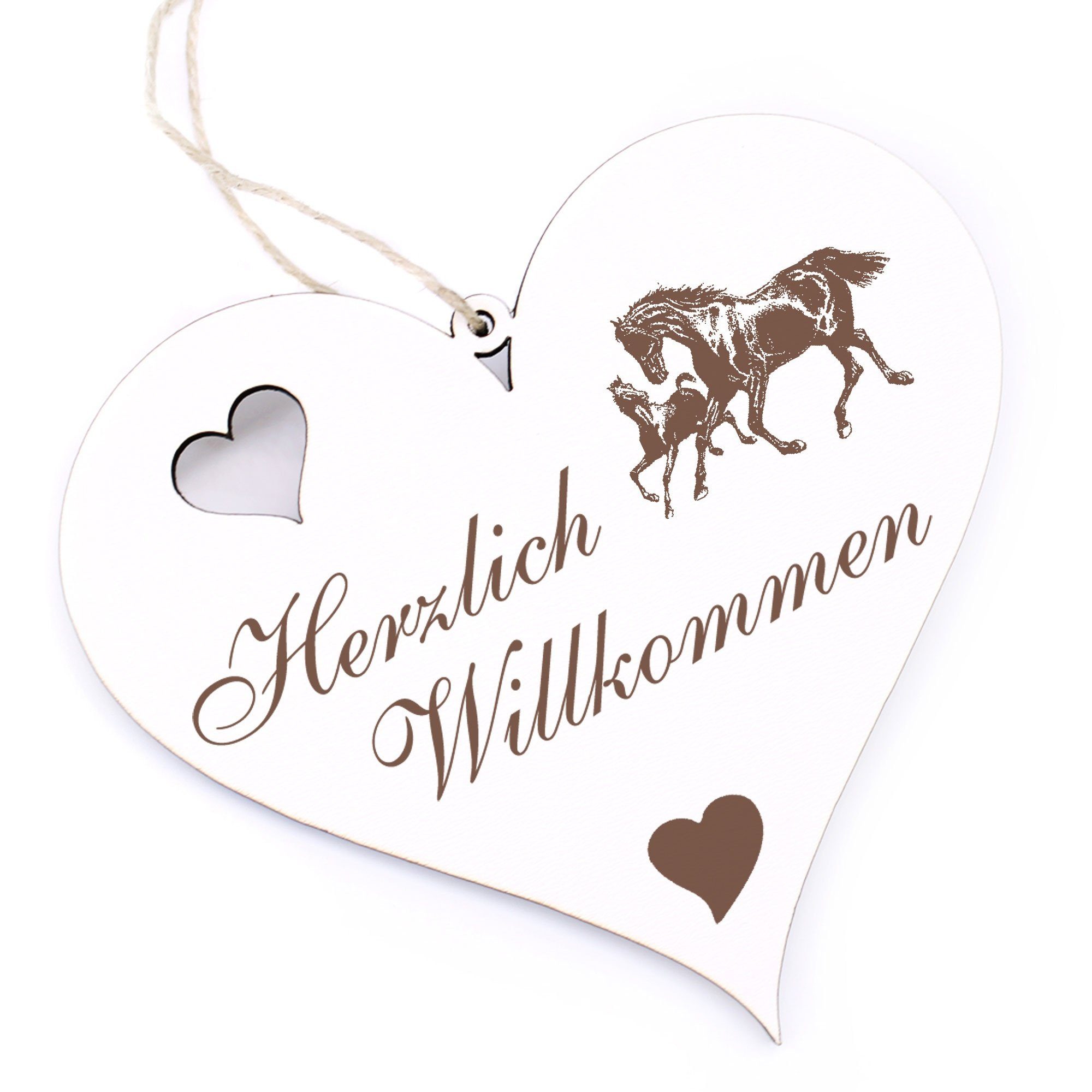 Dekolando Hängedekoration Herzlich Willkommen - Pferde mit Fohlen - 13x12cm