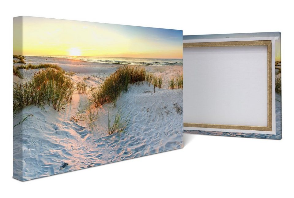 wandmotiv24 Leinwandbild Strand am Abend, Sonne, Meer, Sand, Landschaft (1  St), Wandbild, Wanddeko, Leinwandbilder in versch. Größen