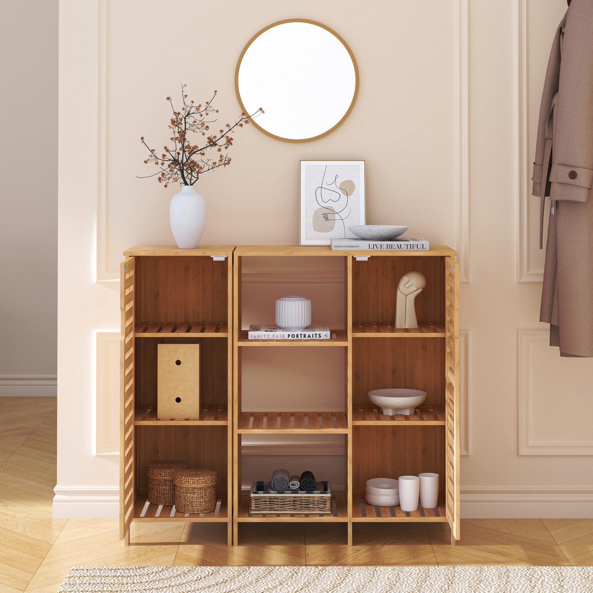 en.casa Beistellschrank (2-tlg. Schrankteil mit Regal + Schrankelement) »Hakseri« 2 Lamellentüren 3 offene Fächer 87x99x33 cm Bambus Natur