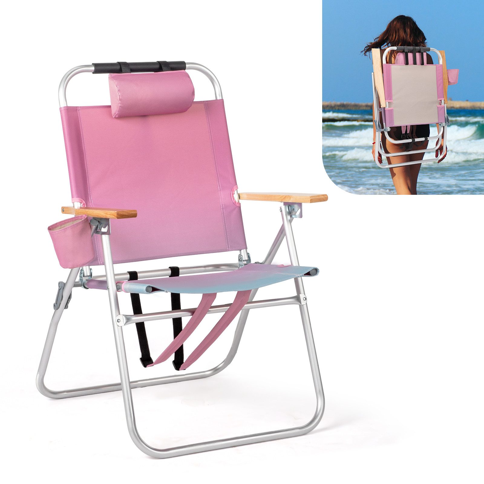 VINGLI Campingstuhl aus Aluminium – Standstuhl mit 3-Fach Verstellbarer Rückenlehne (1 St), mit Getränkehalter, gepolsterten Schultergurten, bis 120 kg, Blau/Rosa