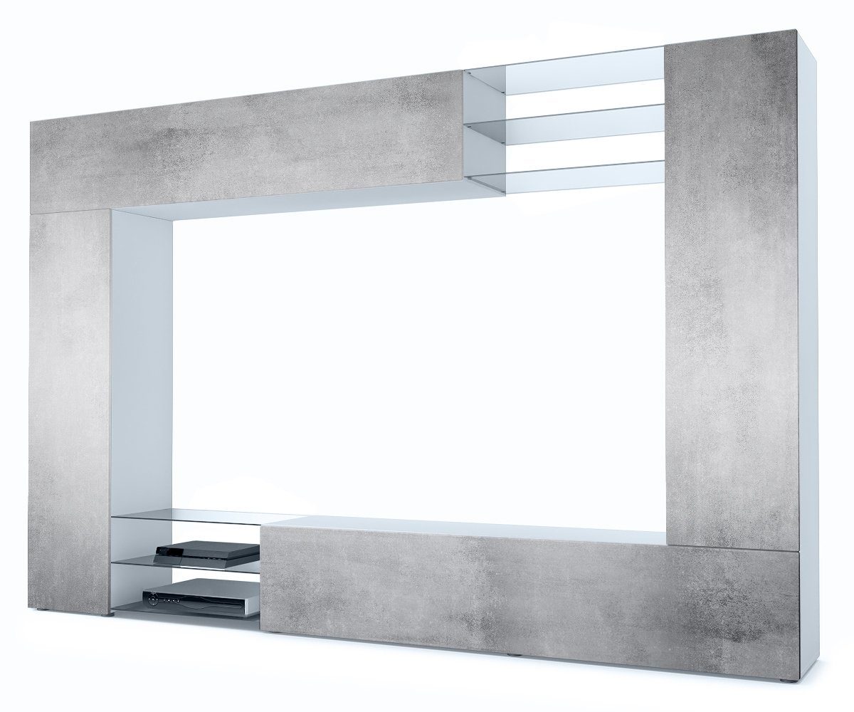 Vladon Wohnwand Mirage, (Anbauwand mit Rückwand mit 2 Türen, 4-St., 2 Klappen und 6 offenen Glasablagen), Weiß matt/Beton Oxid-Optik (262 x 183 x 39 cm) Front in Beton Oxid Optik