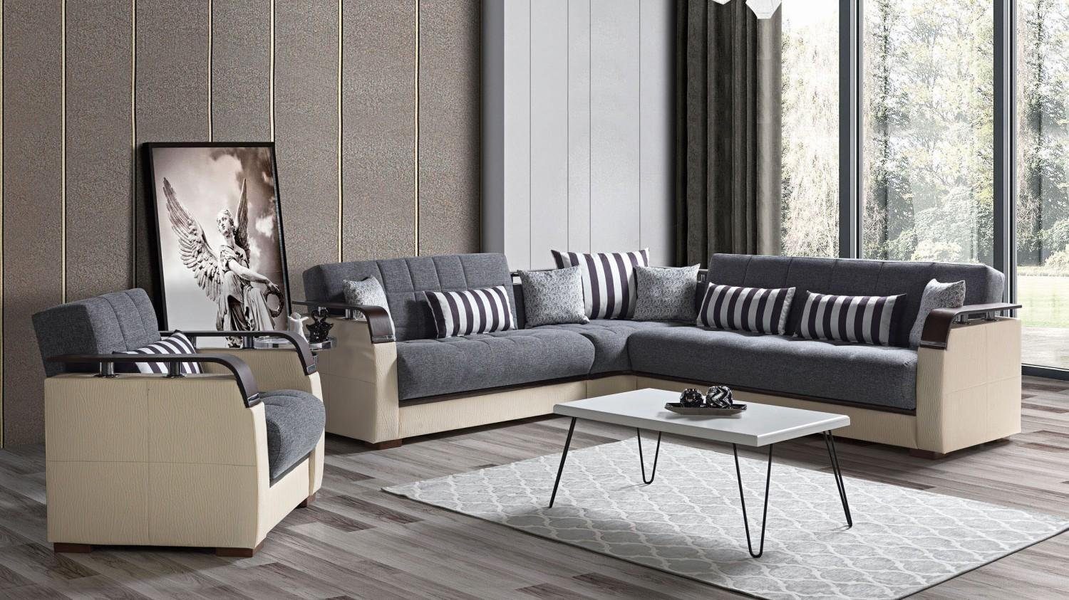 JVmoebel Ecksofa Ecksofa L-Form + Sessel Grau Komplett Wohnzimmer Set 2tlg. Luxus Möbel, Made In Europe