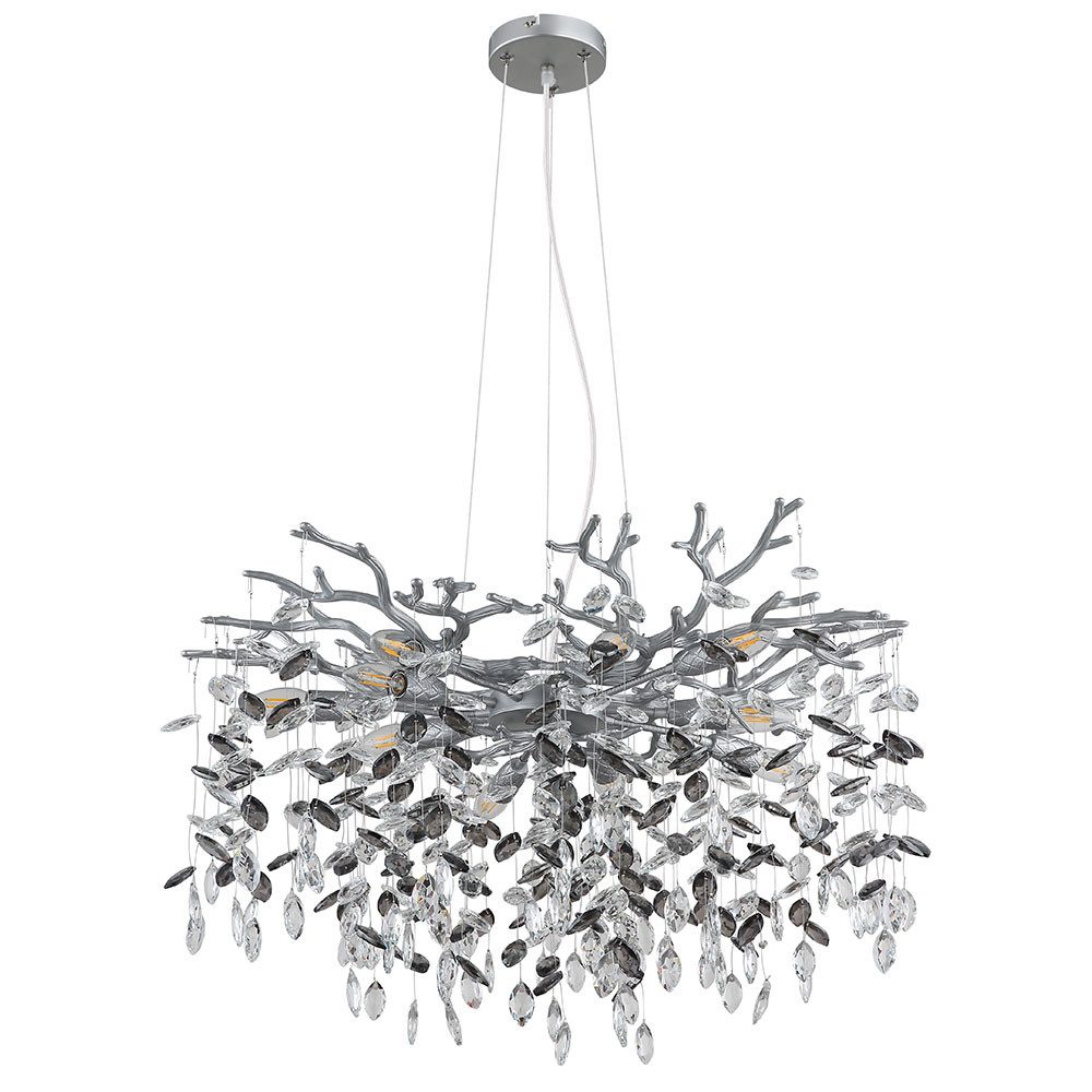 GLOBO LIGHTING Kronleuchter, Leuchtmittel inklusive, Warmweiß, LED Pendelleuchte Kronleuchter silber Glaskristalle rauchfarben