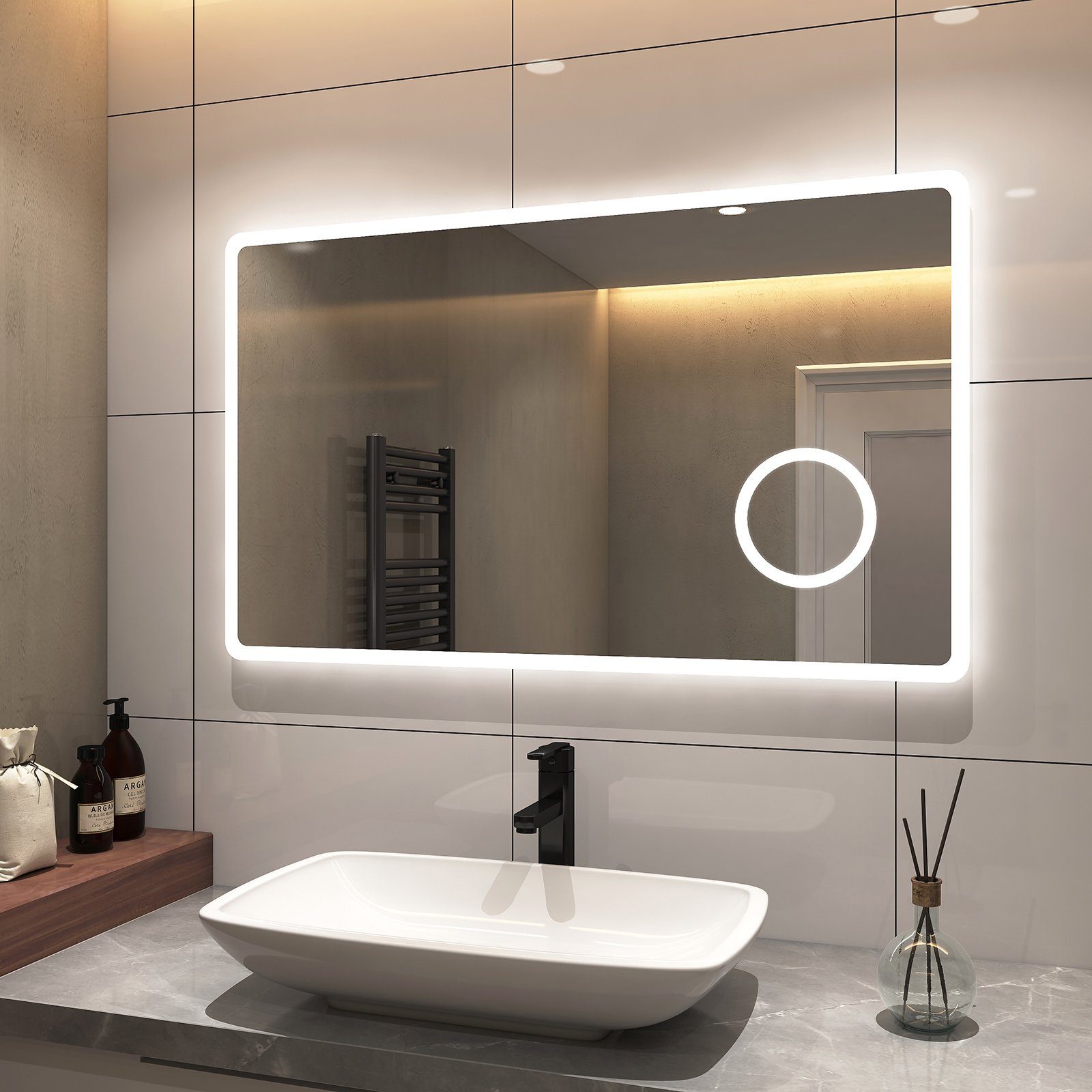 S'AFIELINA Badspiegel LED Badspiegel Badezimmerspiegel mit Beleuchtung, Kaltweißes und warmes Beleuchtung Anti-Beschlag rechteckig 1000×600mm