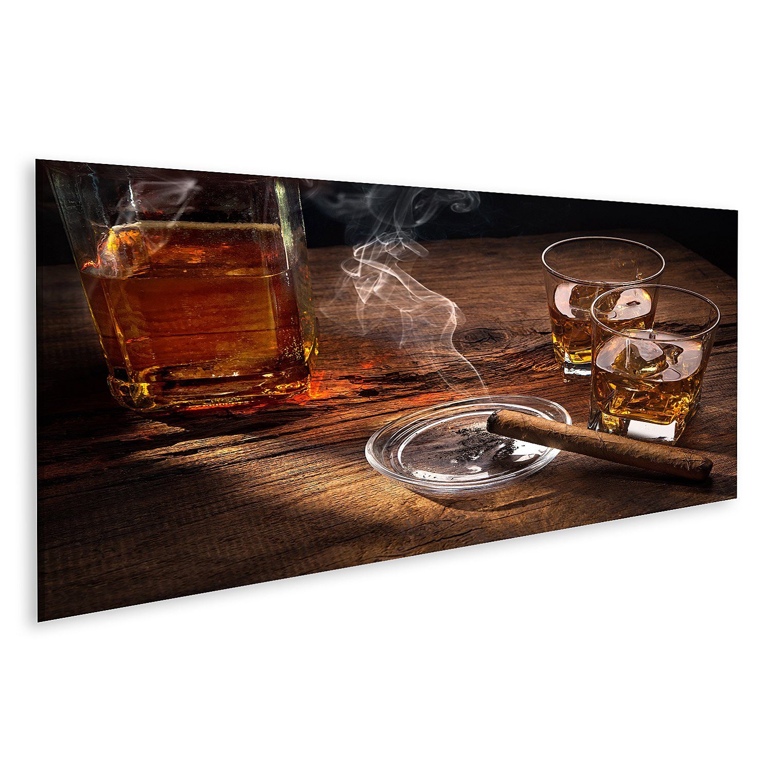 Leinwandbild Bild auf Leinwand Whiskey mit rauchender Zigarre Wandbild Poster Kunst