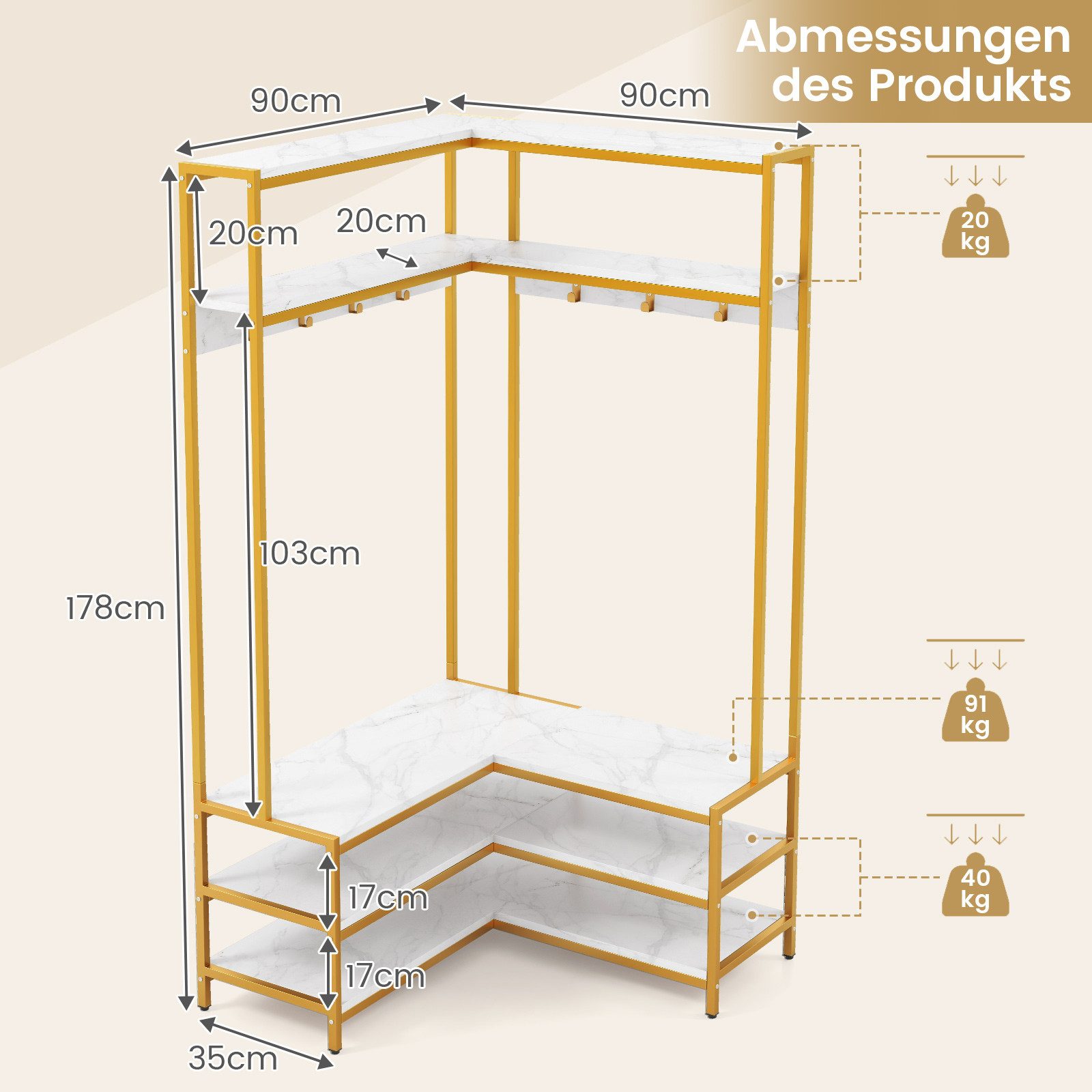 COSTWAY Kleiderständer, L-förmiger Garderobenständer, 7 Haken, 90x90x178 cm