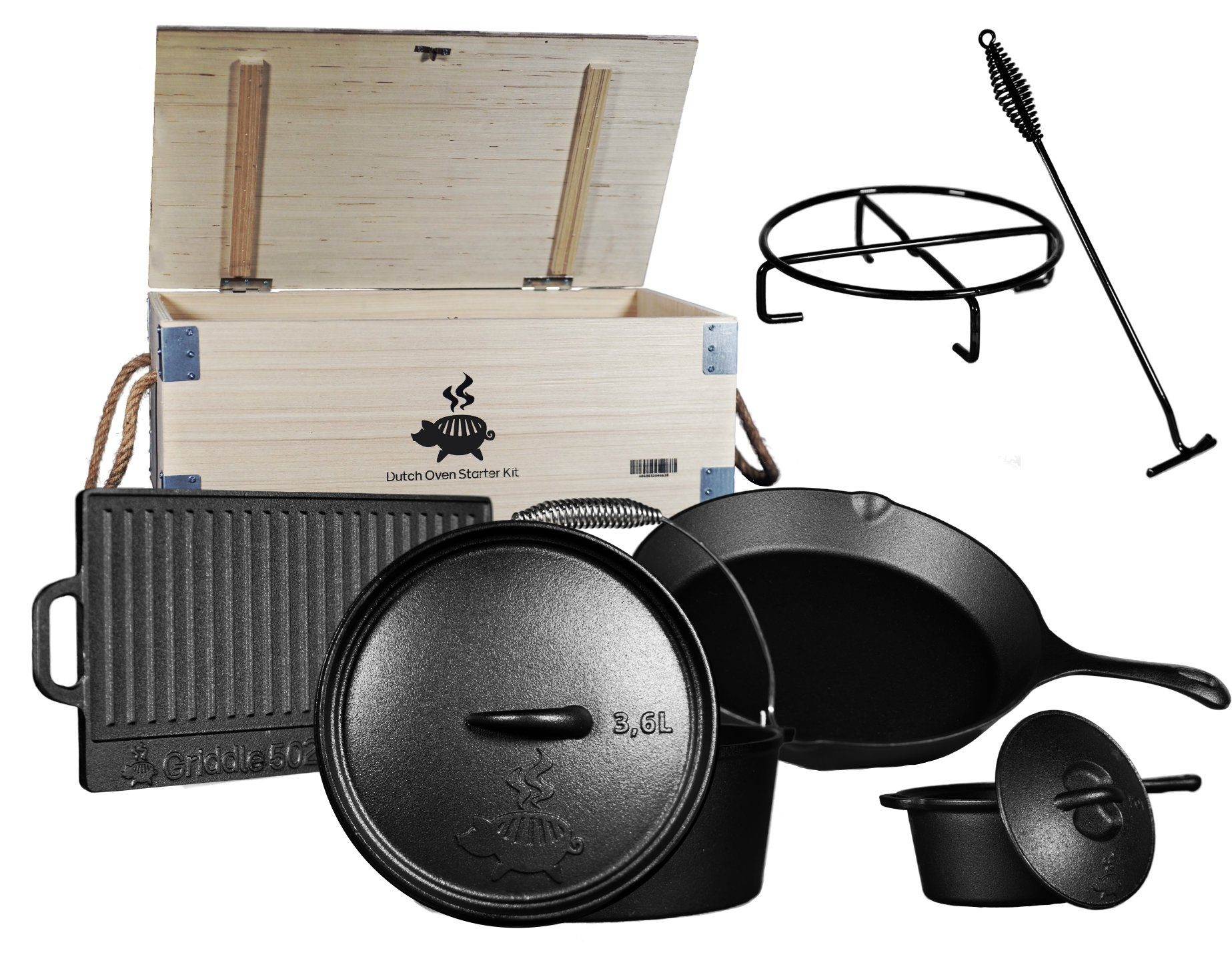 Grillschweine Grilltopf Grillschweine Dutch Oven Starter Kit - kleine Produktionsfehler, Gusseisen (8-tlg)