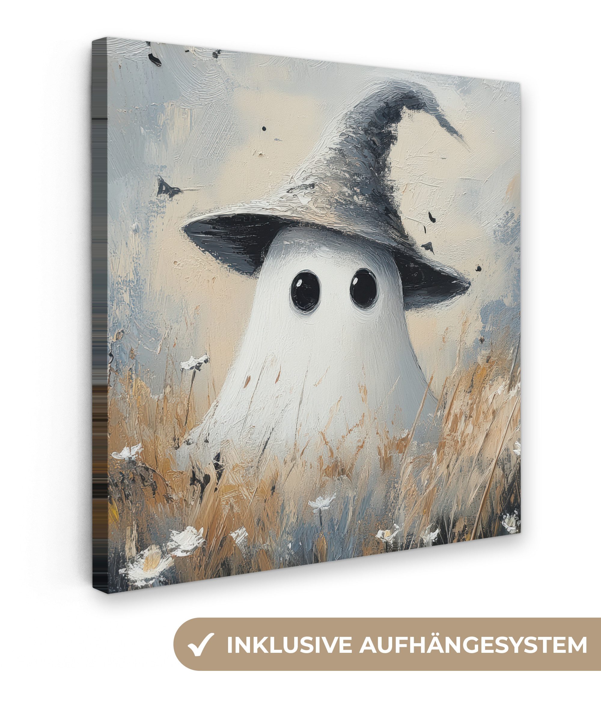 OneMillionCanvasses® Leinwandbild Halloween - Geist - Hexenhut - Abstrakt - Grau, Fotodruck (1 St), Wandbild, Deko Schlafzimmer Wohnzimmer Flur 20x20 cm