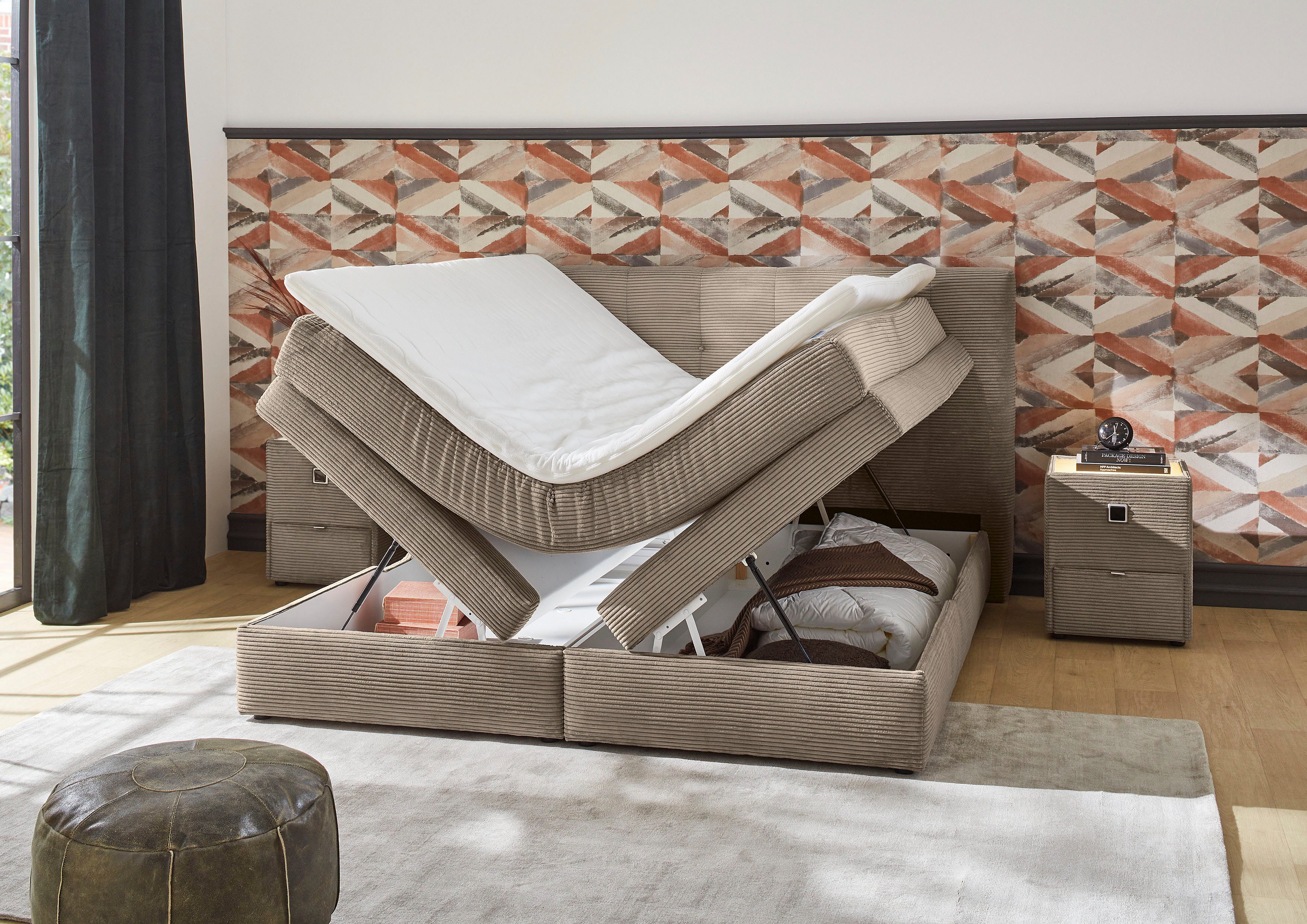 Jockenhöfer Gruppe Boxspringbett AMY mit Bettkasten, inkl. Bonnell- oder Taschenfederkernmatratze H3-H4, mit 6 cm Kaltschaum-Topper, Cord-Bezug, 180x200 und 200 – Bild 3 von 5