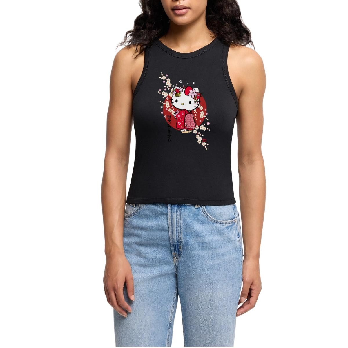 T-Shirt Hello Kitty Japan Kimono Kirschblüten Cropped Frauen Organic Tank Top