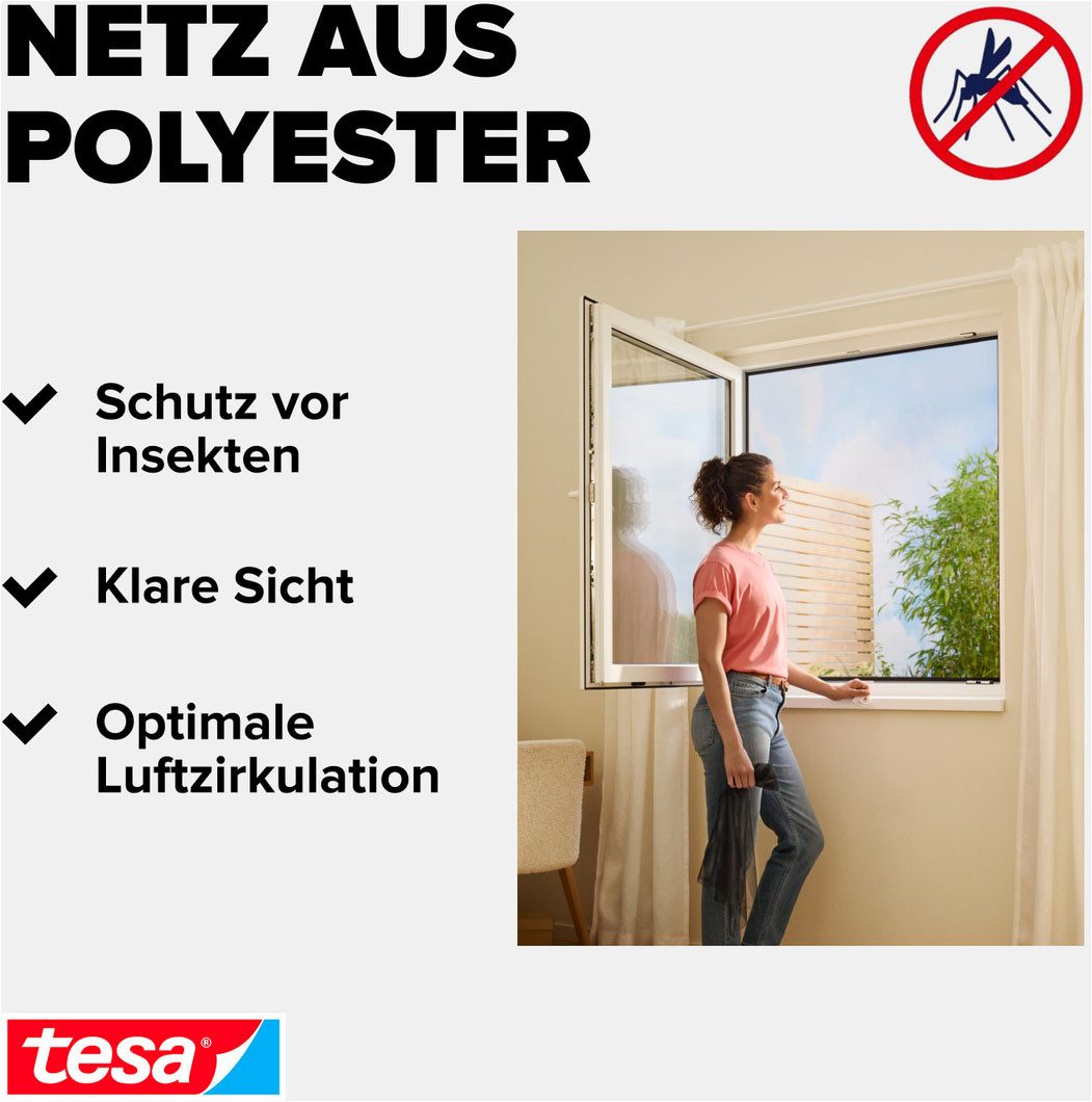 tesa Fliegengitter-Gewebe Klett Fliegengitter Premium für Fenster, Insektenschutz mit Klettband, (Packung, 1-St., Fliegennetz, Klettband, Andrück und Schneidehilfe), selbstklebende Insektenschutz - 130 cm x 150 cm
