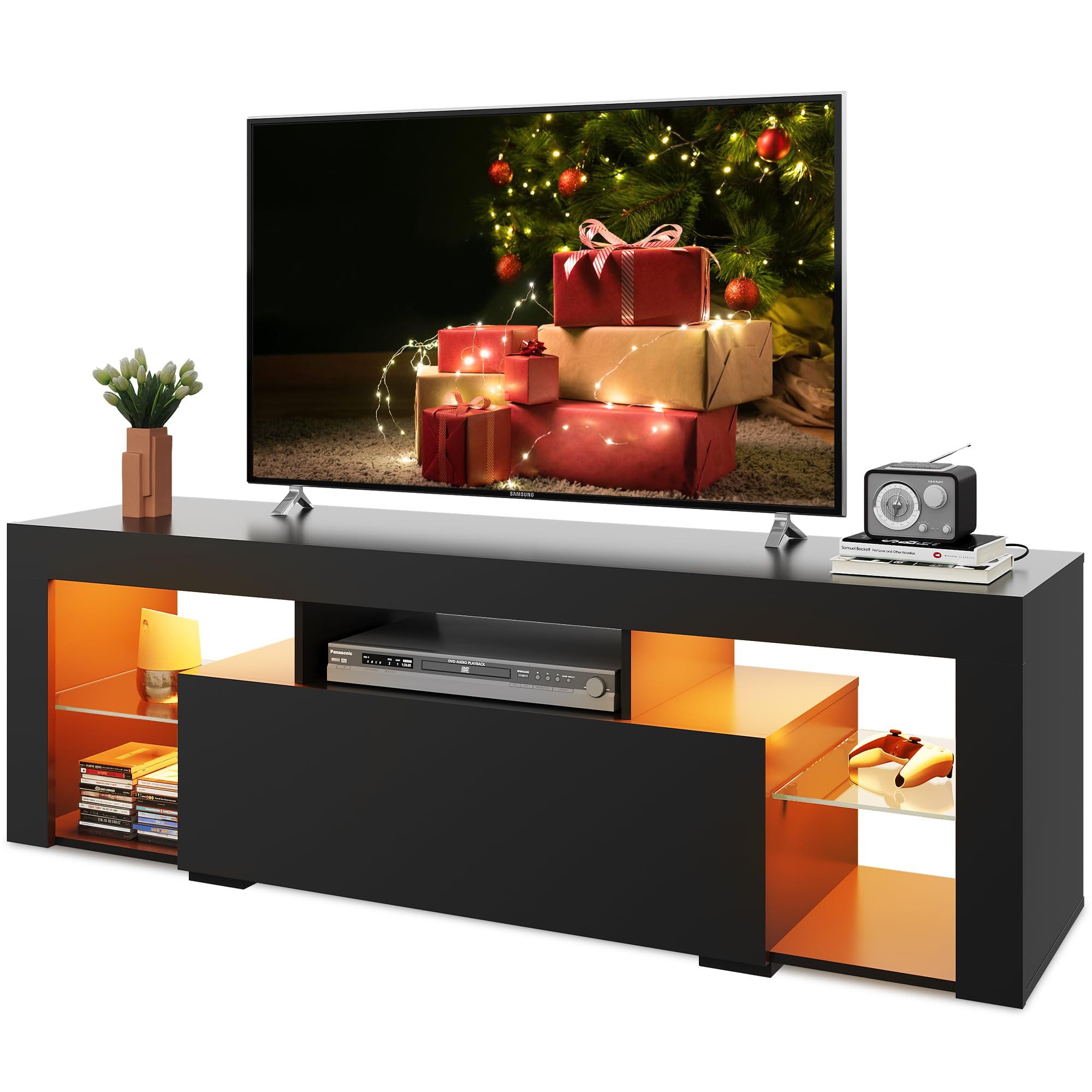 WLIVE TV-Schrank 135/160 cm Lowboard mit RGB-LED für Fernseher bis 60/65/70 Zoll, (20 Farben RGB Fernsehschrank für Wohnzimmer, Schlafzimmer) Modernes TV Board Hochglanz, Schwarz