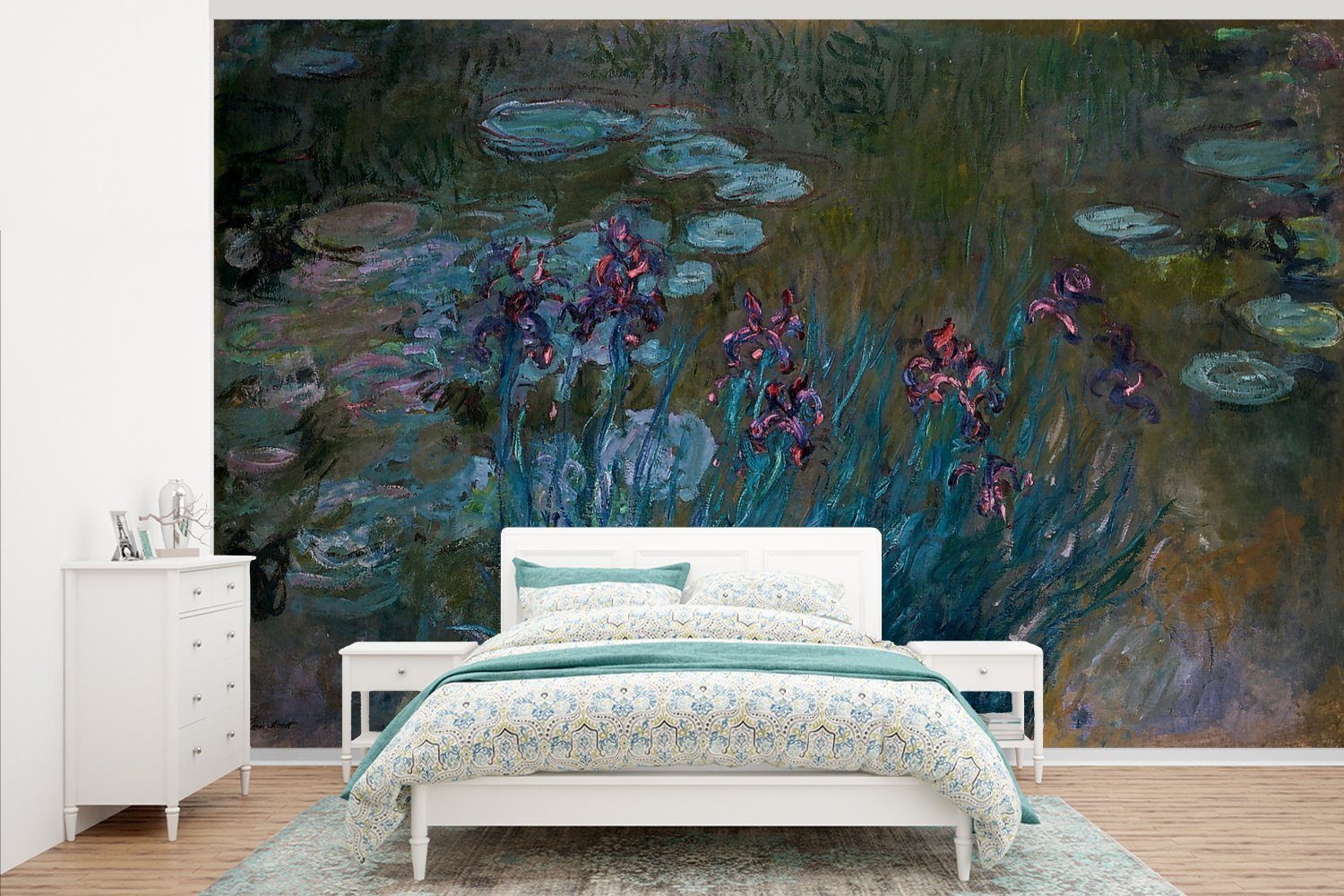 MuchoWow Fototapete Schwertlilien und Seerosen - Gemälde von Claude Monet, Matt, bedruckt, (7 St), Montagefertig Vinyl Tapete für Wohnzimmer, Wandtapete