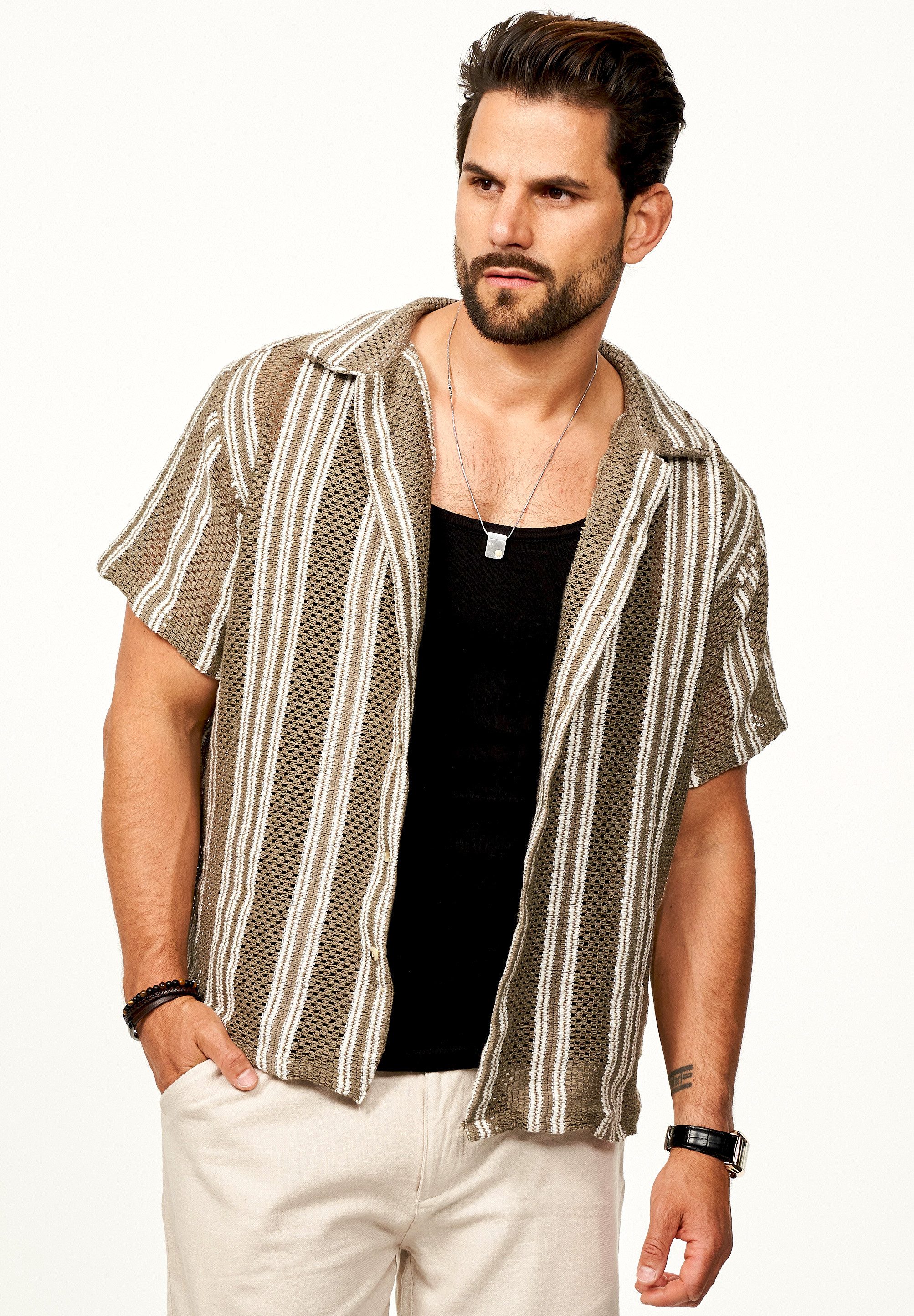 SOULSTAR Kurzarmhemd für Herren Strick Polo Hemd im Retro-Look Overshirt im Regular-Fit Freizeithemd T-Shirt