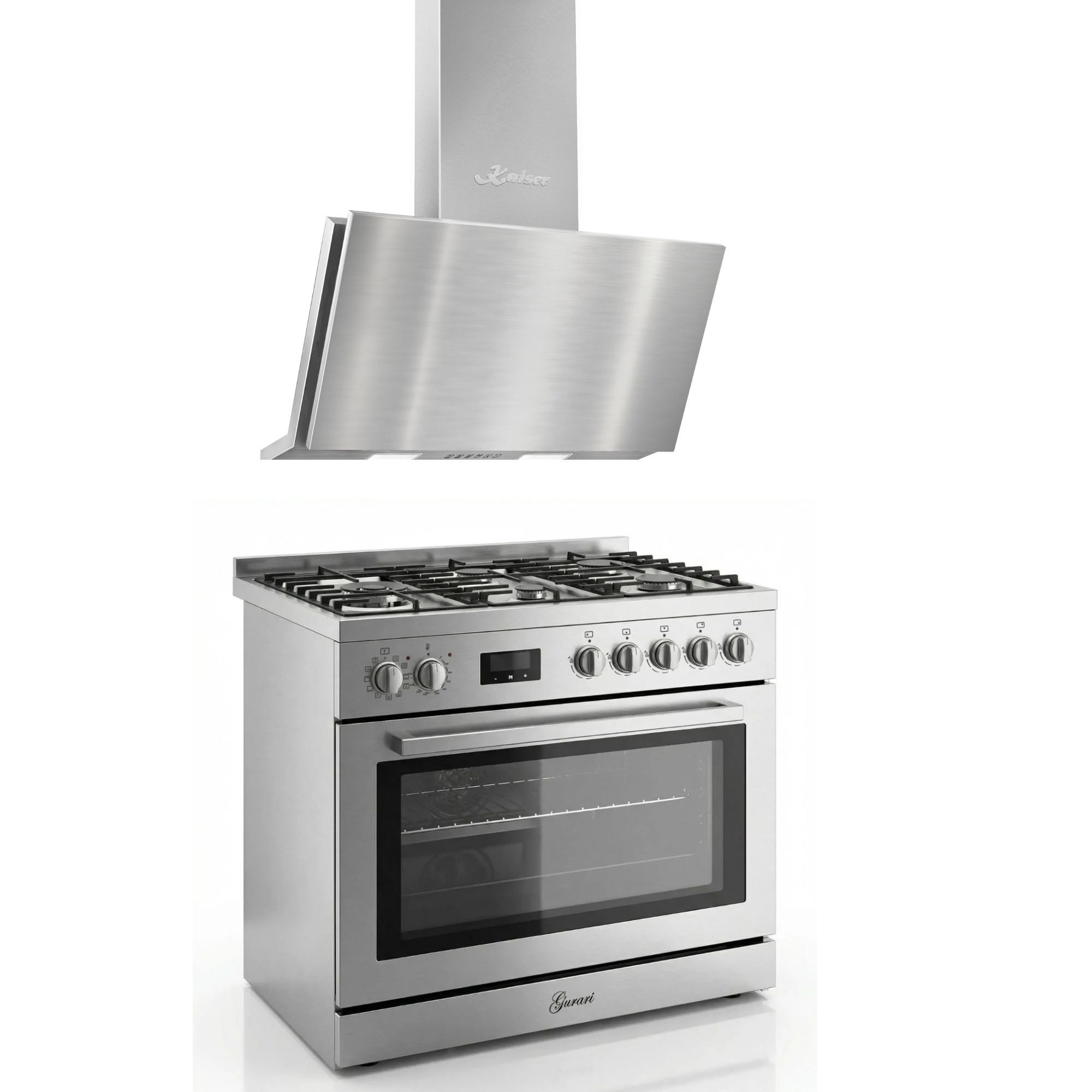 GURARI Gas-Standherd Edelstahl Gas Elektro Standherd 90 cm 126 L Erdgas Fl.Gas 4 Kw WOK,Selbstreinigung+Dunstabzugshaube 90 cm, 1250m³/h, Edelstahl GCH E 818 X+AT 9455 N ECO, mit 1-fach-Teleskopauszug