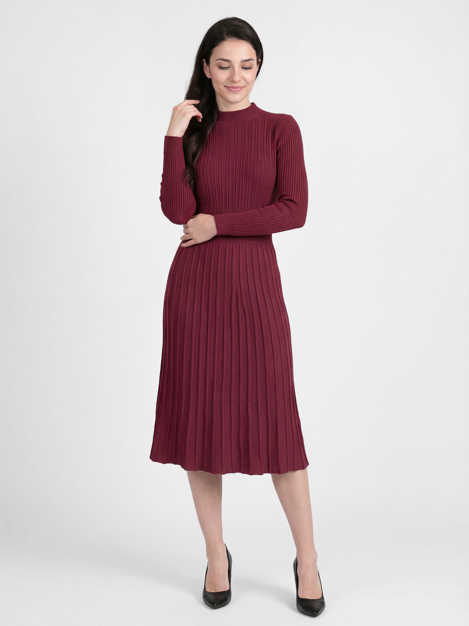 PEKIVESSA Strickkleid Midikleid tailliert weicher Strick mit ausgestelltem Rockteil – Bild 5 von 5
