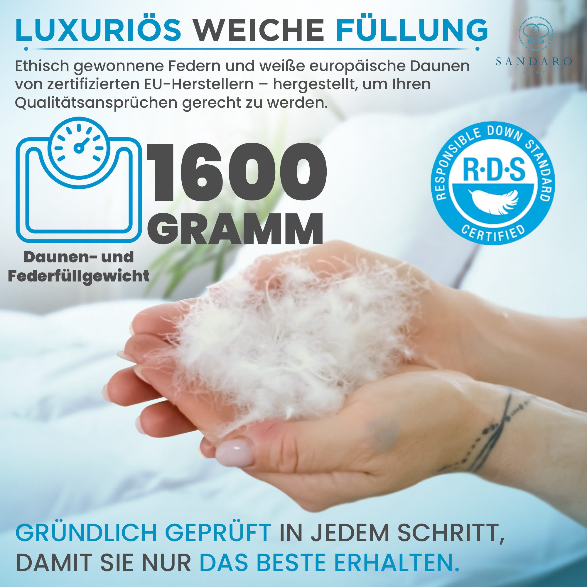 Sandaro Home Daunenbettdecke 135x200 cm, warm, atmungsaktiv, Naturprodukt, Winterdecke 1600, Füllung: 70% Daunen/ 30% Federn, Bezug: Baumwolle