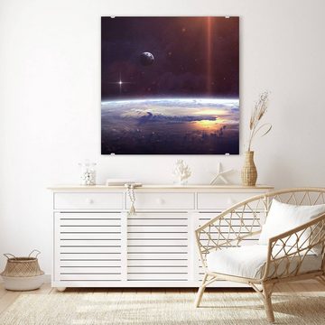 Primedeco Glasbild Wandbild Quadratisch Planet über den Nebel mit Aufhängung, Weltall