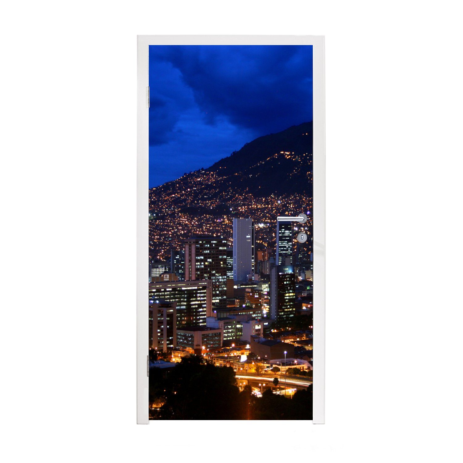 MuchoWow Türtapete Luftaufnahme von Medellín in Kolumbien bei Nacht, Matt, bedruckt, (1 St), Fototapete für Tür, Türaufkleber, 75x205 cm