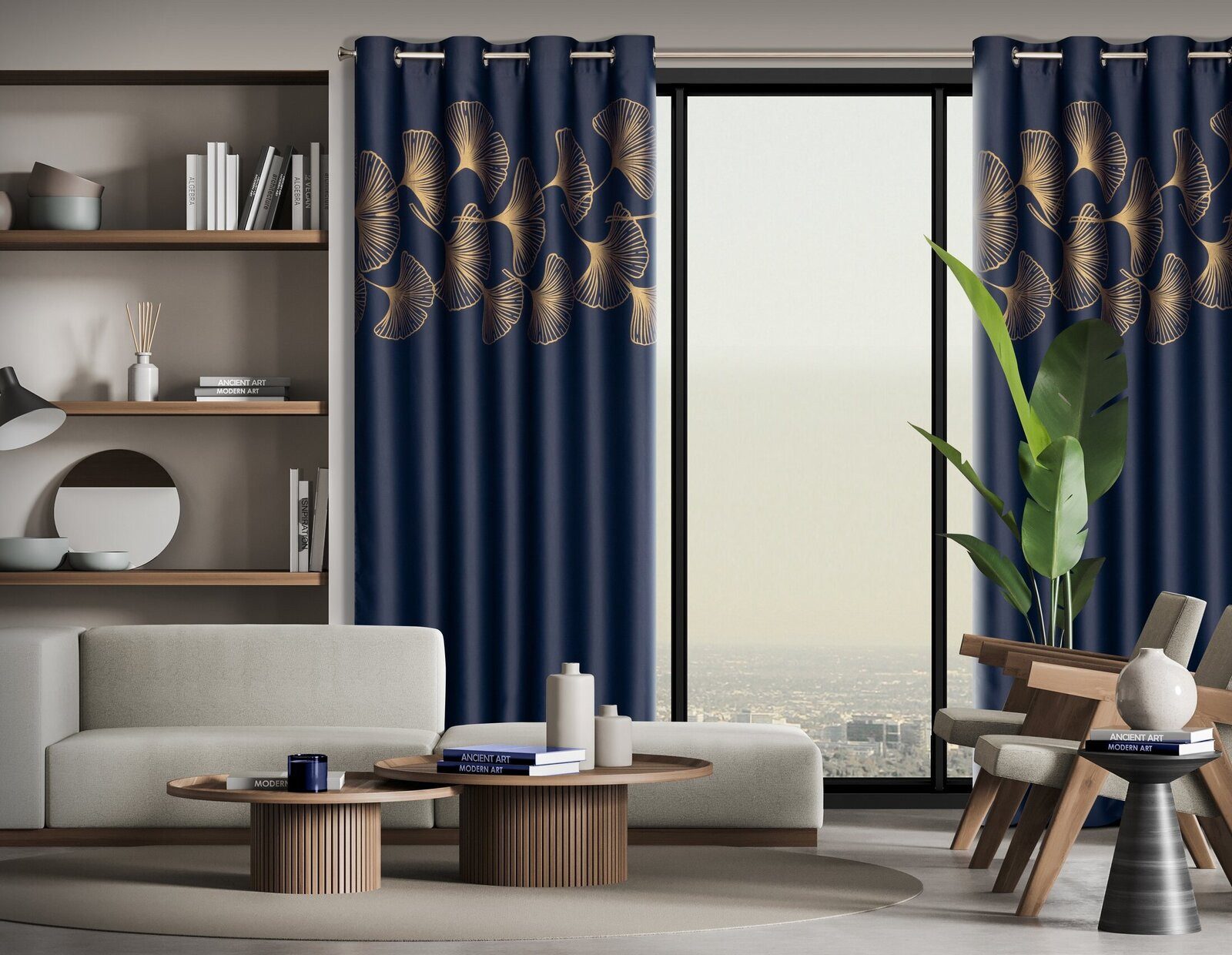 Eurofirany Vorhang 140x250 Blickdicht Ösen Ginko Muster Satin Gold, Blackou günstig online kaufen
