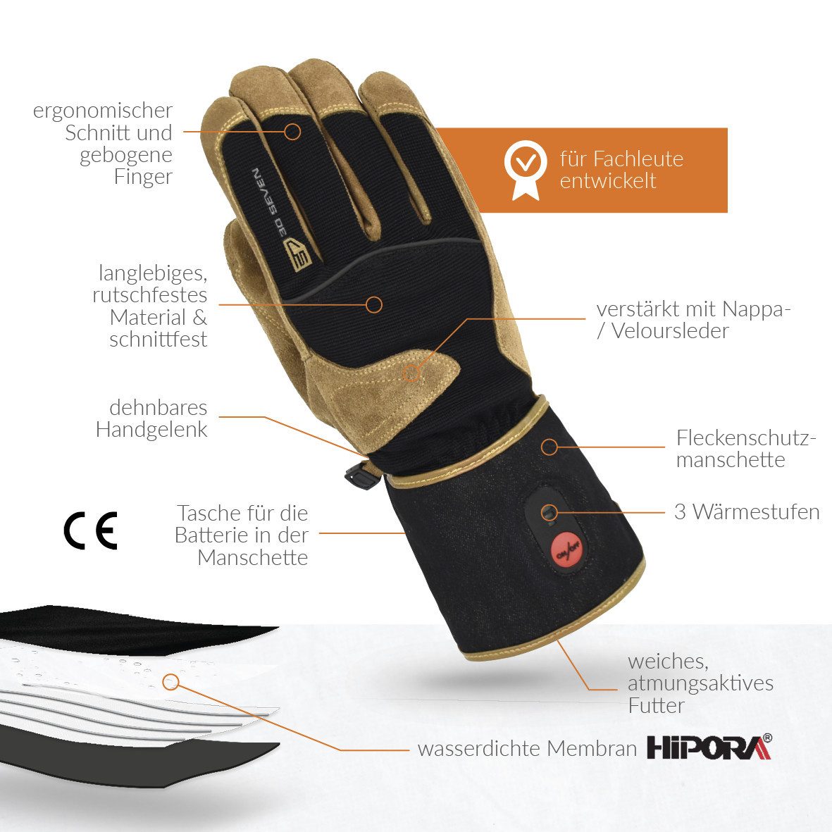 30seven Arbeitshandschuhe beheizte Lederarbeitshandschuhe - braun/schwarz 7,4V Set inkl. 2 Akkus & Doppelladegerät