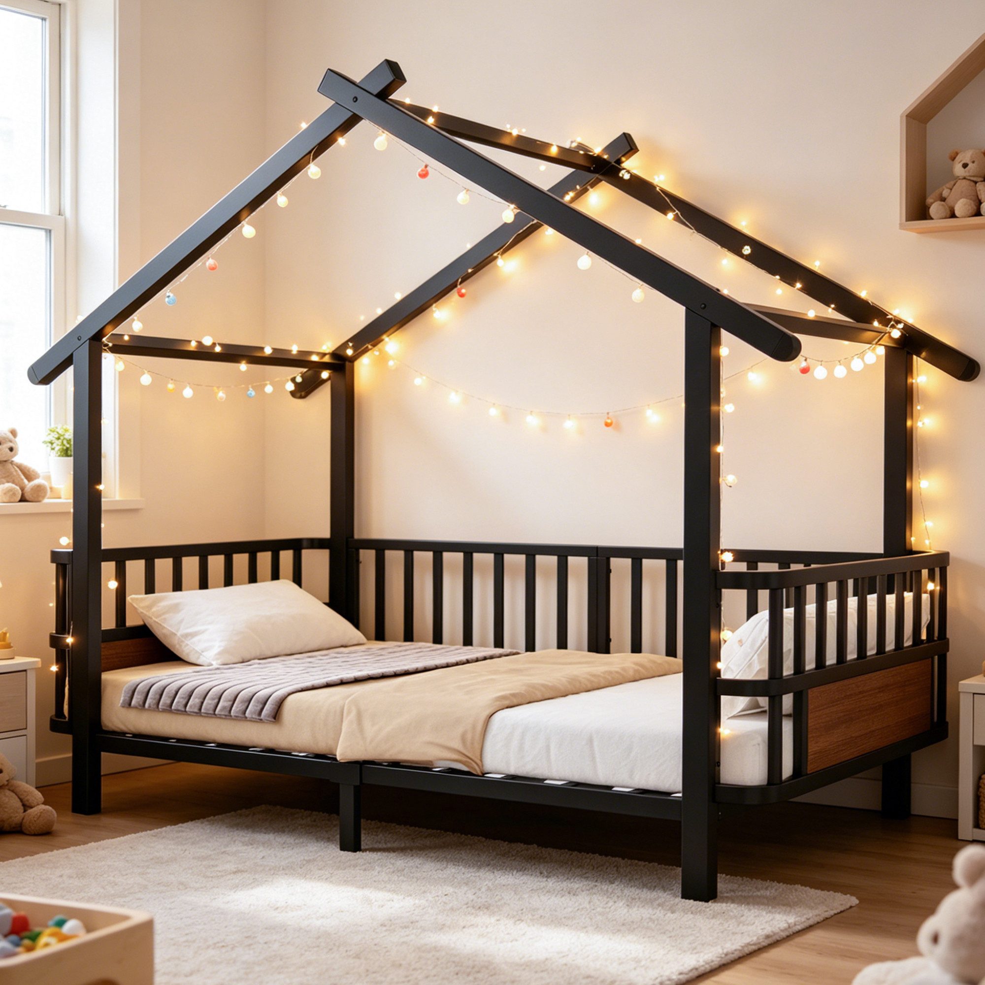 Flieks Kinderbett, Metallbett in Hausform 90x200cm mit Sicherheitsgitter und Lattenrost