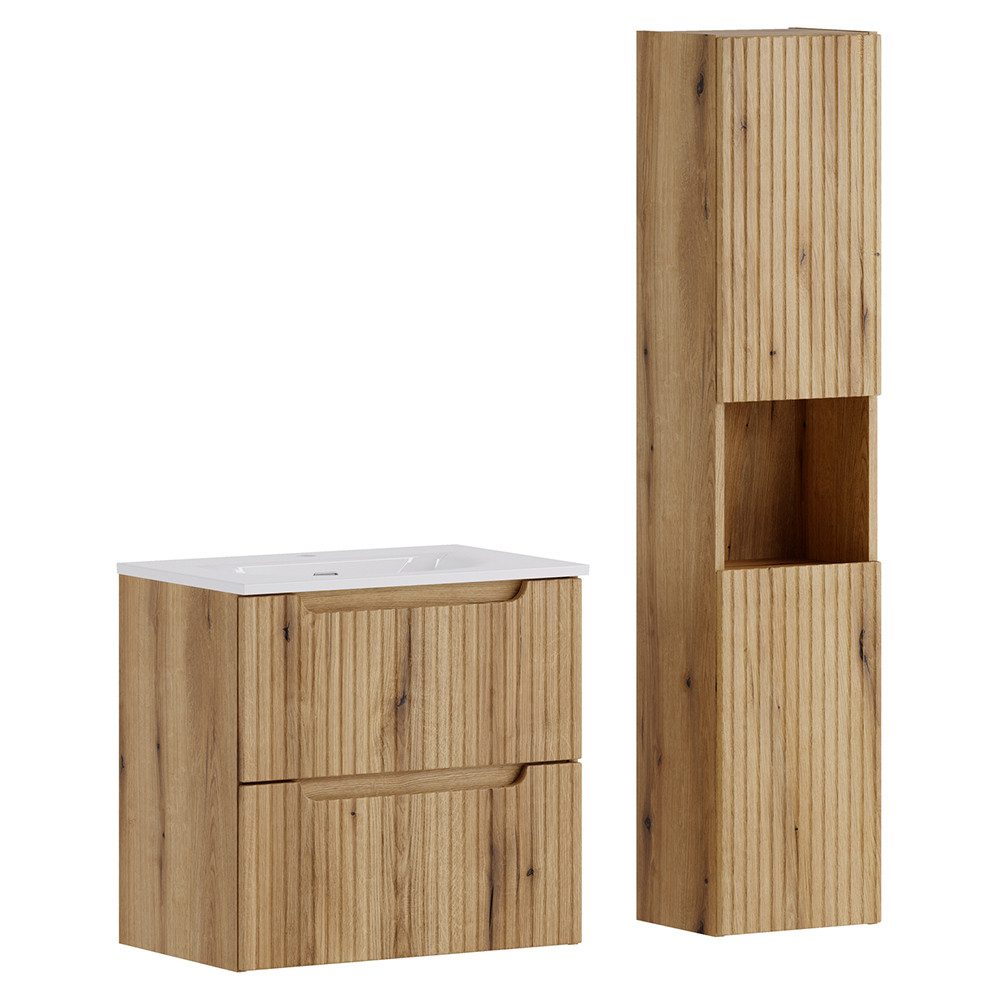 Lomadox Badmöbel-Set NEWPORT-56-EVOKE, (Spar-Set, 2-St., Waschtisch Hochschrank), in Eiche mit gerillter Front