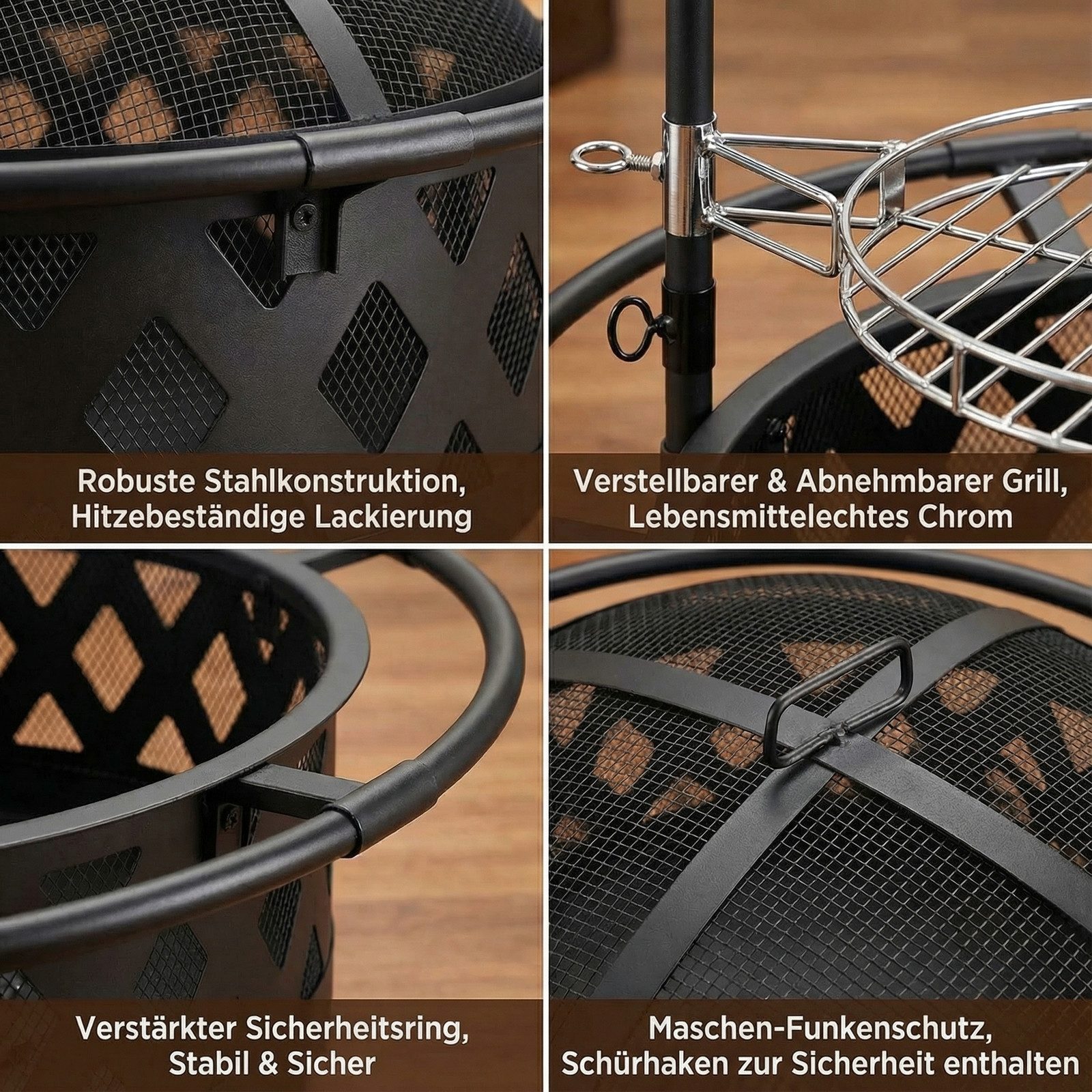 TLGREEN Feuerschale mit 360° Drehbarer Grill, (Garten Feuerkorb mit Funkenschutz, verstellbarem Grillrost & Zubehör), Ø 76 cm Feuerkorb, für 6-8 Personen – Outdoor Grillstelle