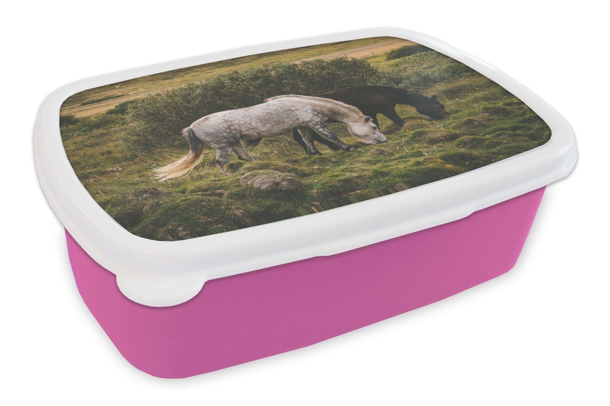 MuchoWow Lunchbox Pferde - Gras - Strauch, Kunststoff, (2-tlg), Brotbox für Erwachsene, Brotdose Kinder, Snackbox, Mädchen, Kunststoff rosa