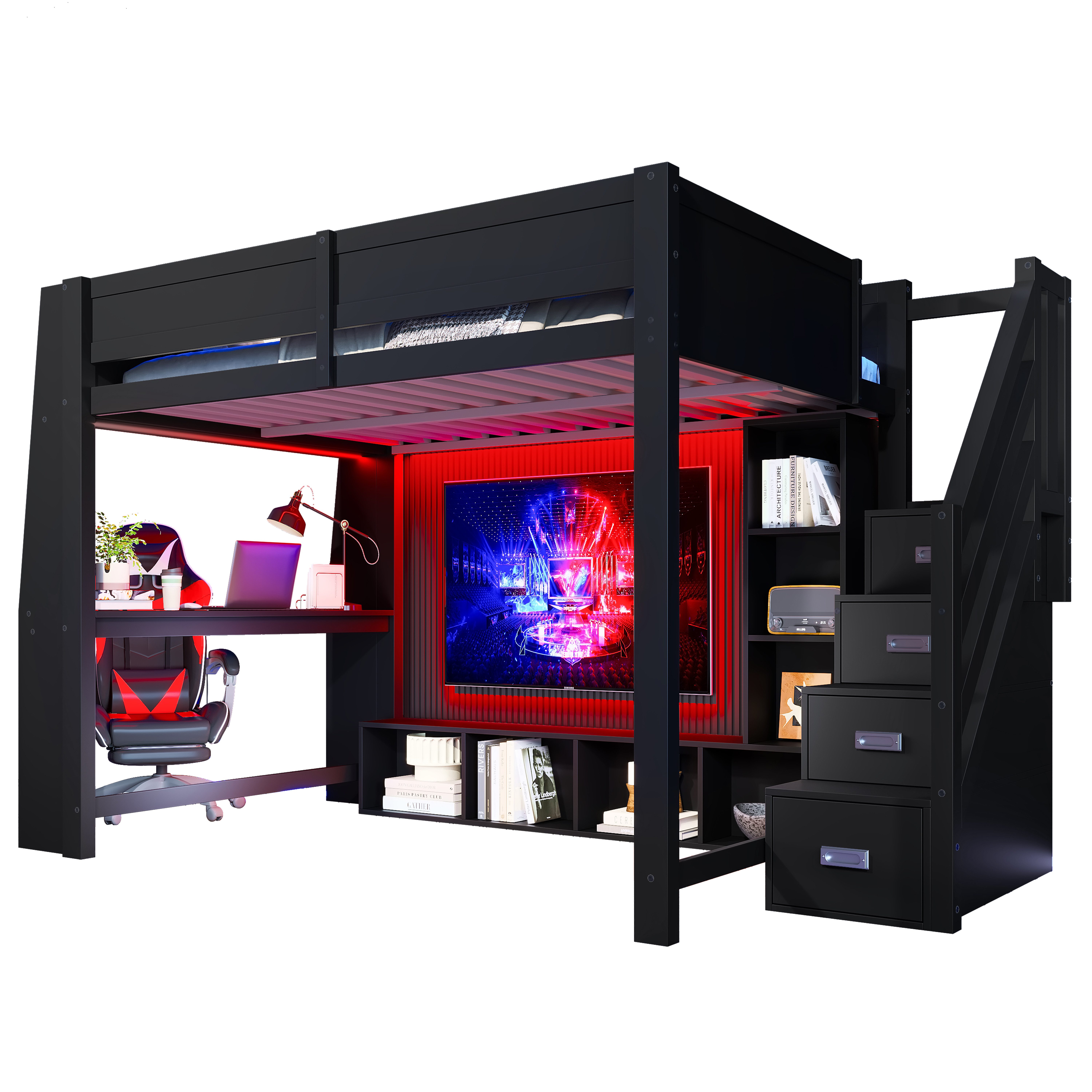 REDOM Hochbett Kinderbett mit Schreibtisch (LED-Beleuchtung & Stauraumtreppe, Schwarz, multifunktional für Kinder- & Jugendzimmer, robustes Holzgestell, 1-St., 278.5 x 145 x 170)