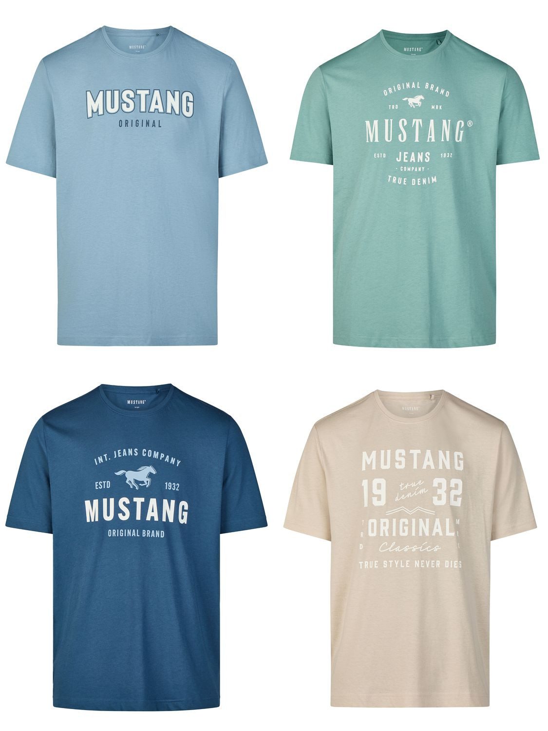 MUSTANG T-Shirt Herren Printshirt 4er Pack Set Regular Fit (Vorteilspack, 4-tlg) Kurzarm Sommer Tee Shirt mit Rundhalsausschnitt aus 100% Baumwolle