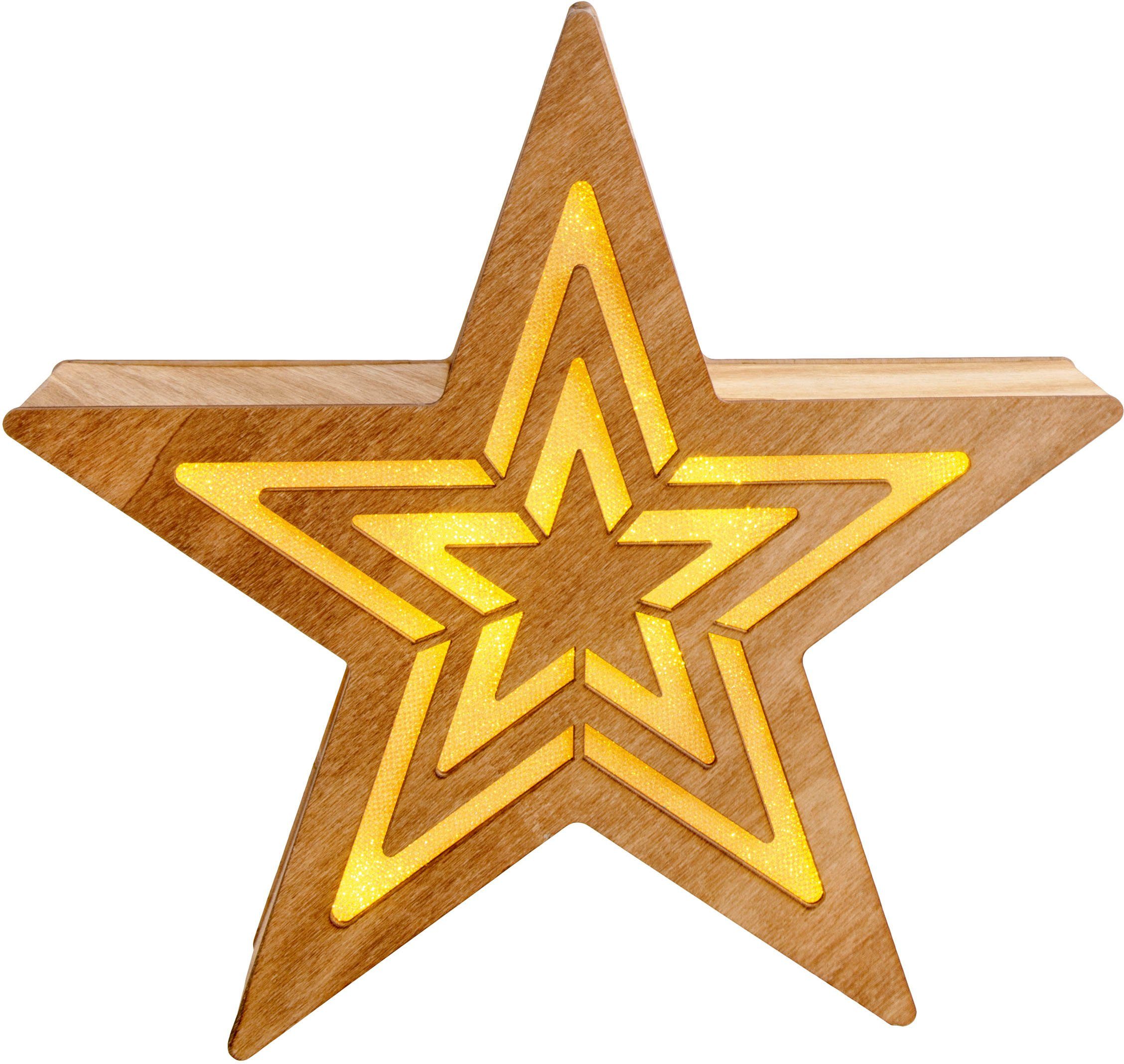 näve LED Stern Weihnachtsdeko aus Holz, Timerfunktion, LED fest integriert, Warmweiß, LED Dekoobjekt aus Holz, inkl. Timer, Höhe ca. 23 cm, Batteriebetrieb