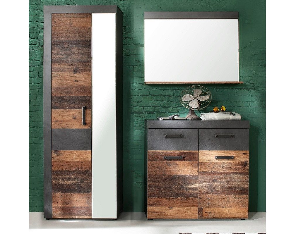 Furnhaus Garderoben-Set Indy in Old Used Wood und Matera Grau, dreiteilig, (dreiteilig, 3-St., Dreiteilige Flureinrichtung in Old Used Wood und Matera Grau), Markanter Vintage-Charakter für den Eingangsbereich