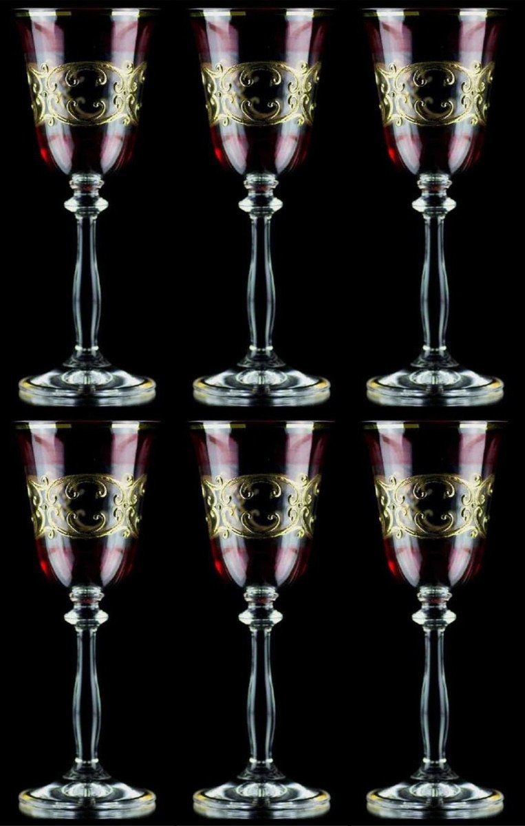 Casa Padrino Likörbecher Luxus Barock Likörglas 6er Set Bordeauxrot / Gold Ø 5,5 x H. 17 cm - Handgefertigte und handbemalte Likörgläser - Hotel & Restaurant Accessoires - Luxus Qualität