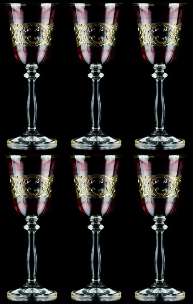 Likörbecher Luxus Barock Likörglas 6er Set Bordeauxrot / Gold Ø 5,5 x H. 17 cm - Handgefertigte und handbemalte Likörgläser - Hotel & Restaurant Accessoires - Luxus Qualität