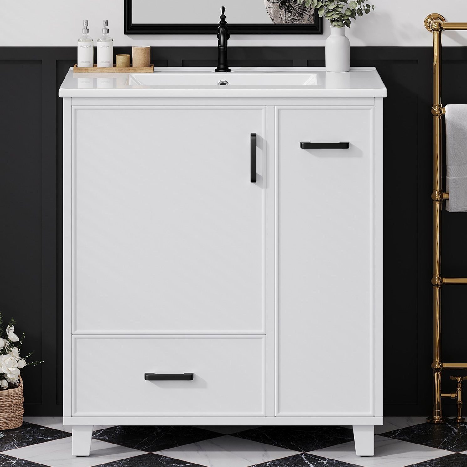 MODFU Waschbeckenunterschrank Badezimmerschrank mit integriertem Waschbecken aus Keramik (cleverer Schubladenaufteilung und Innenablage für mehr Ordnung im Bad, Badmöbel, Badschrank) Badschrank