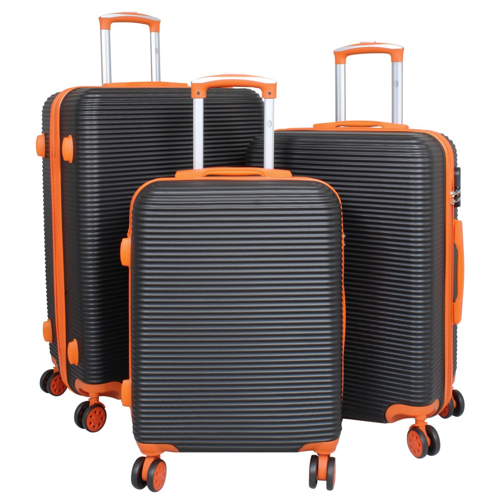 Trendyshop365 Kofferset Santorin, 4 Rollen, (Trolley, 3 tlg., Hartschale (ABS), Zwillingsrollen, Zahlenschloss, 2 Tragegriffe, robust und leicht schwarz-orange