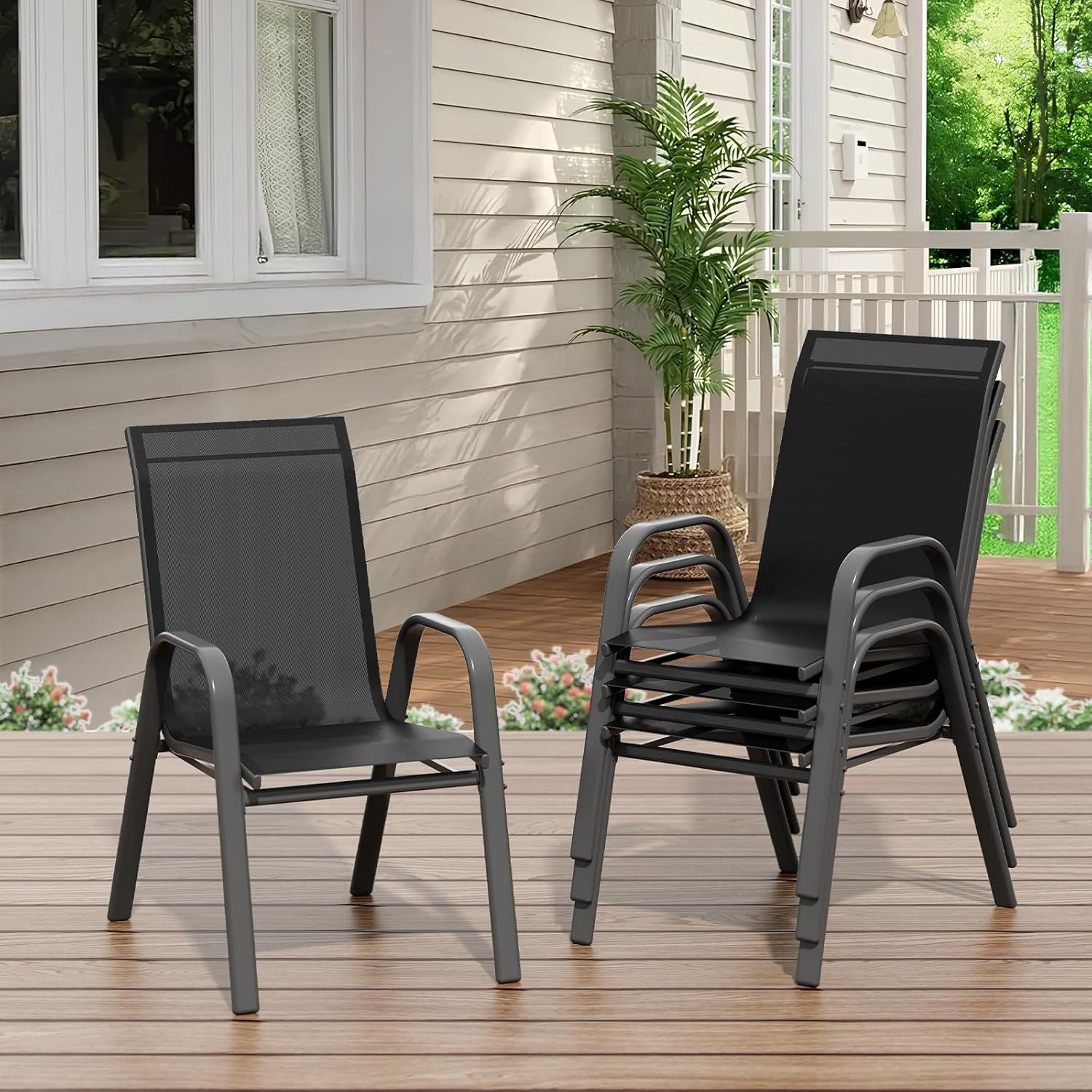 GarveeMore Gartenstuhl 4er Set Outdoor Stühle Set wetterfest & rostbeständig,Terrassenstühle, Stapelbare Textilene Gartenstühle ausMetall,für Garten,Balkon&Terrasse