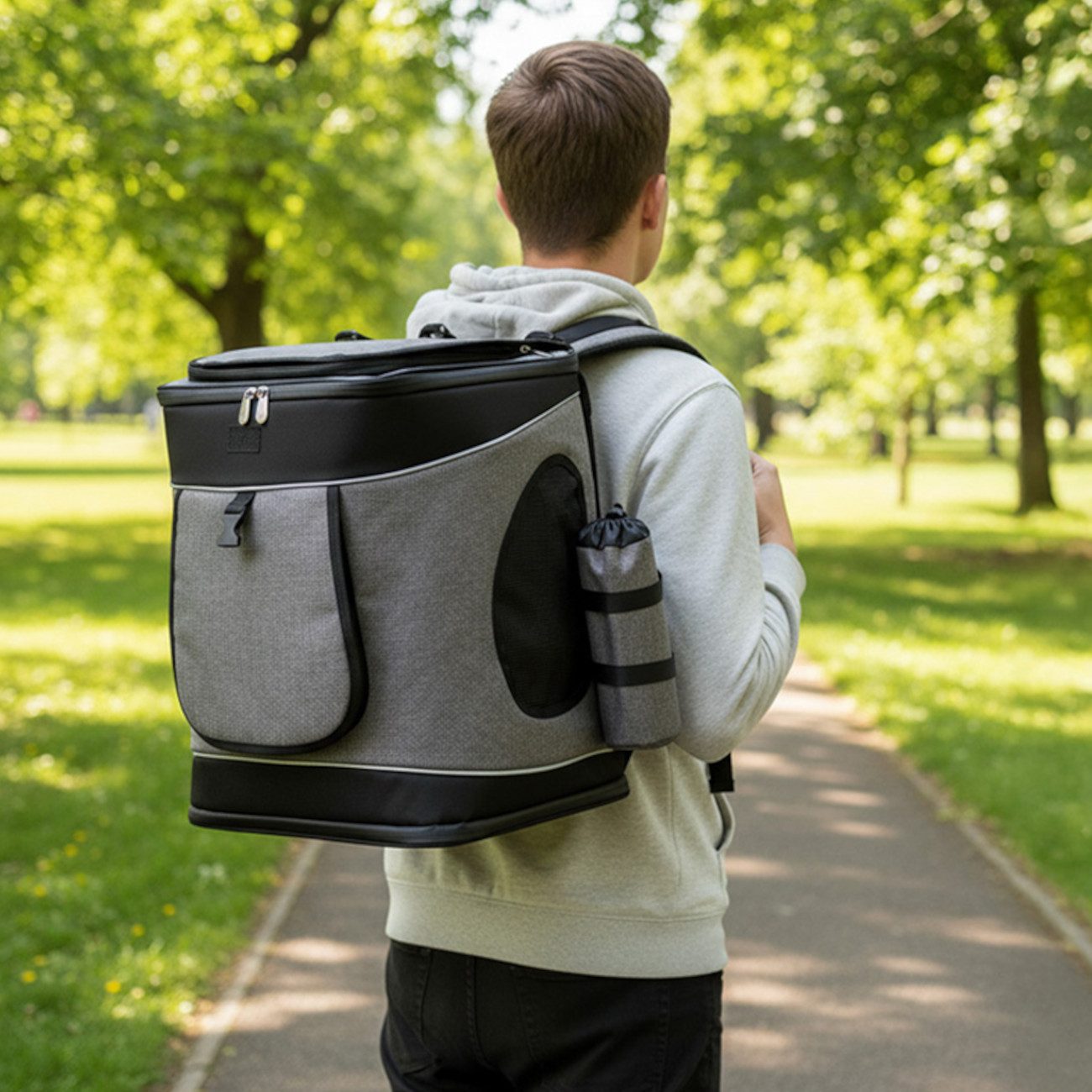 belviona Tiertransporttasche für Hunde & Katzen, Rucksack stabil & sicher, grau/schwarz bis 14 kg, mit Belüftung, Trinkflaschenfach & Regenschutz